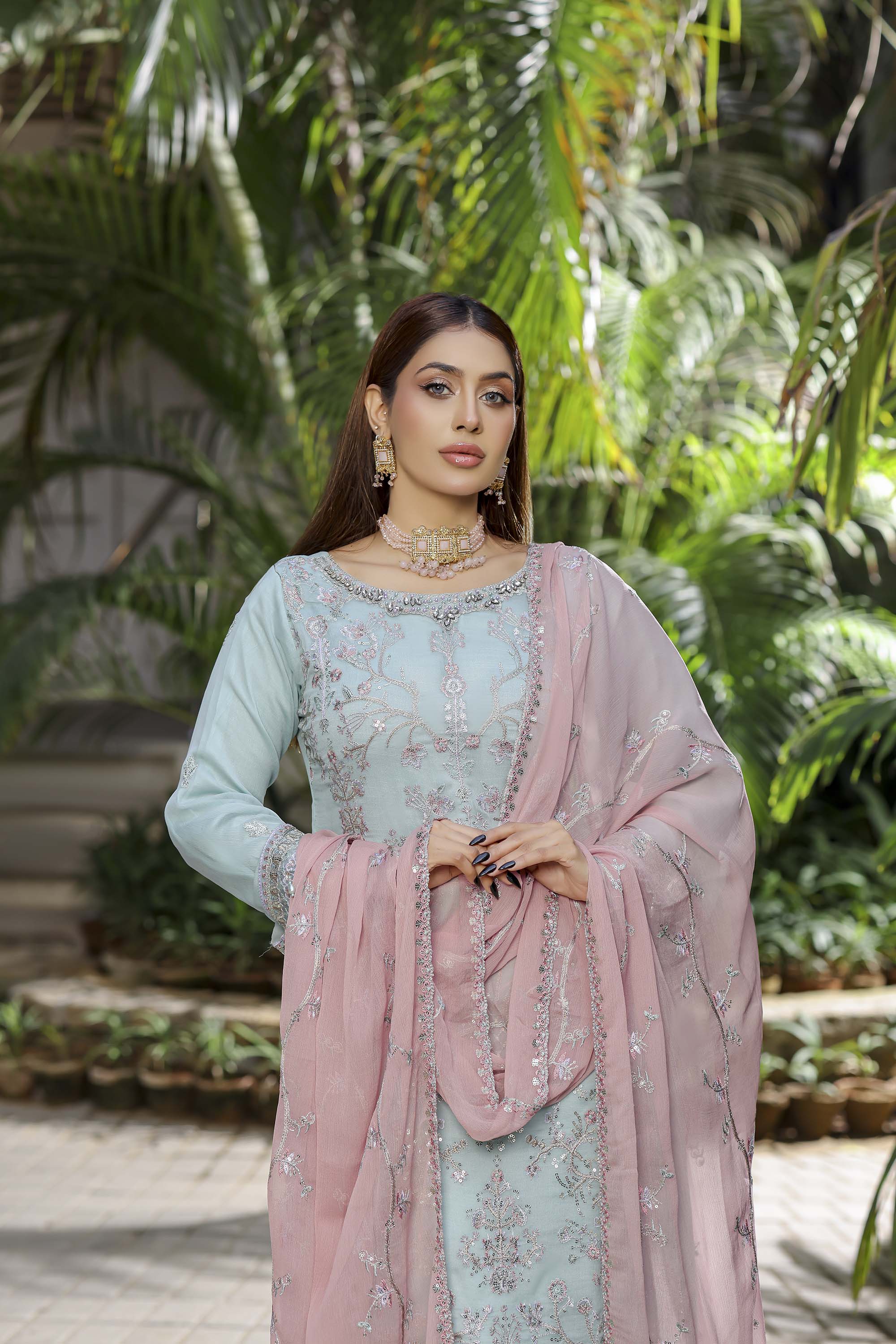 Aqua Blue Chiffon Suit with Contrasting Pink Dupatta & Heavy Embellishment