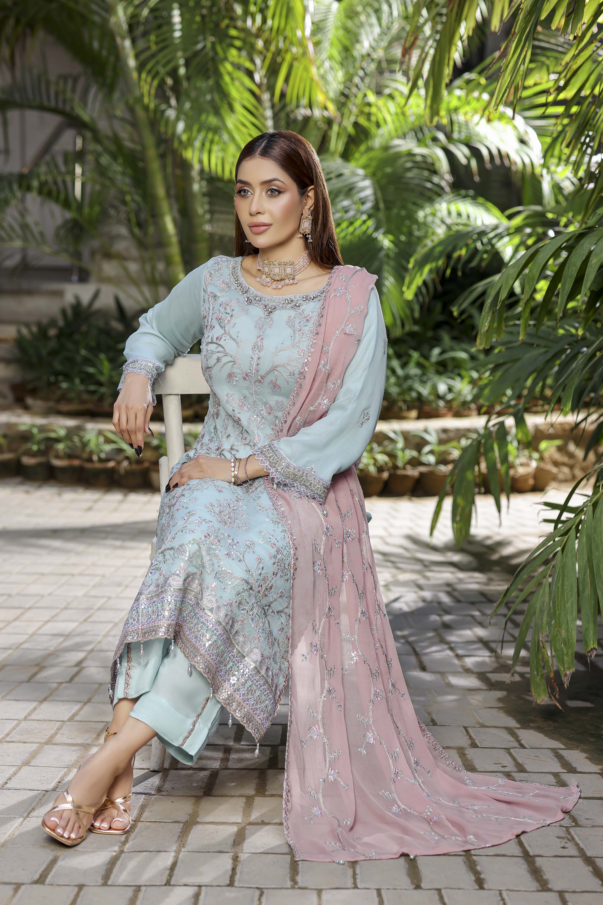 Aqua Blue Chiffon Suit with Contrasting Pink Dupatta & Heavy Embellishment