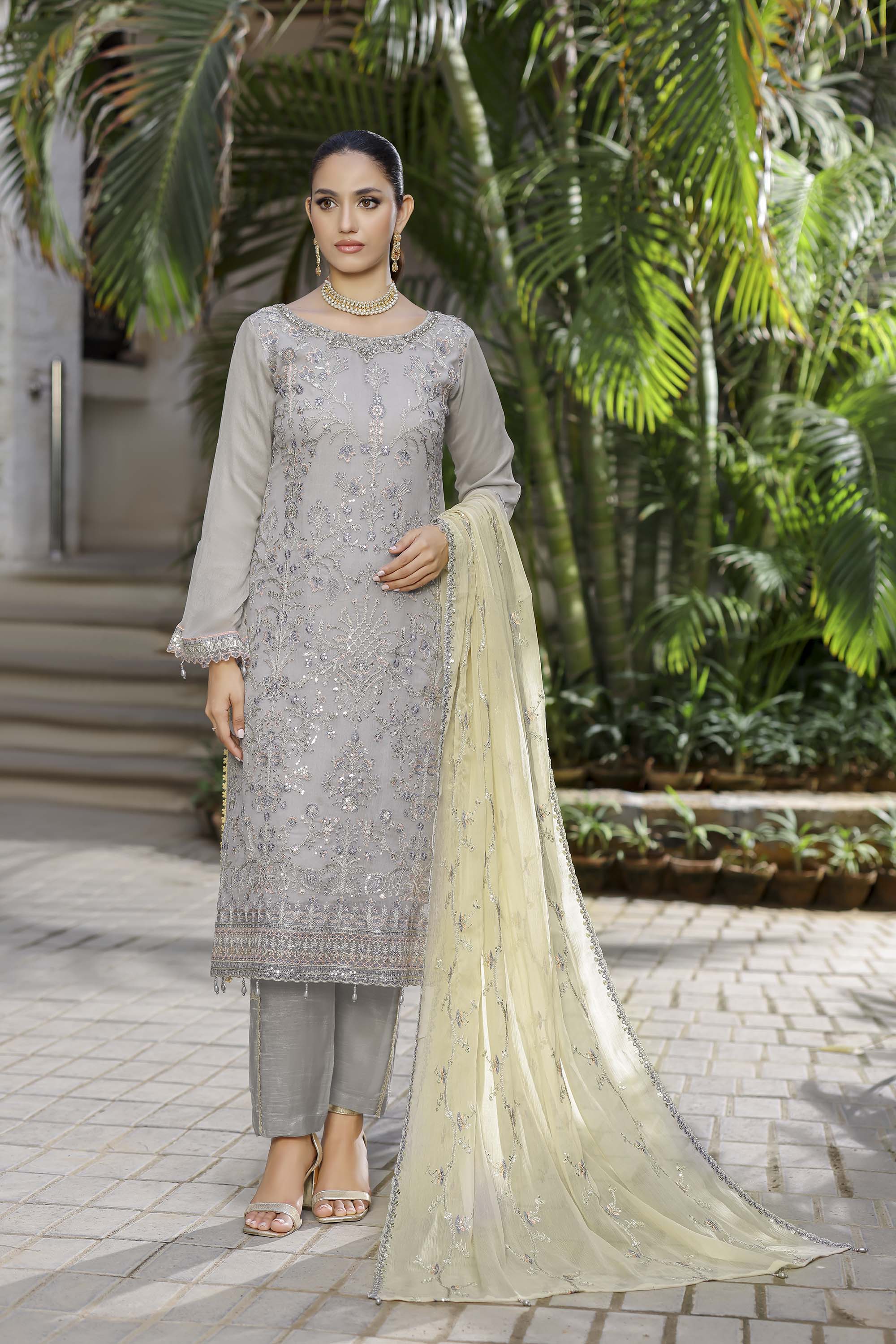 Contemporary Slate Grey Suit with Silver Sequin Work & Pale Yellow Dupatta