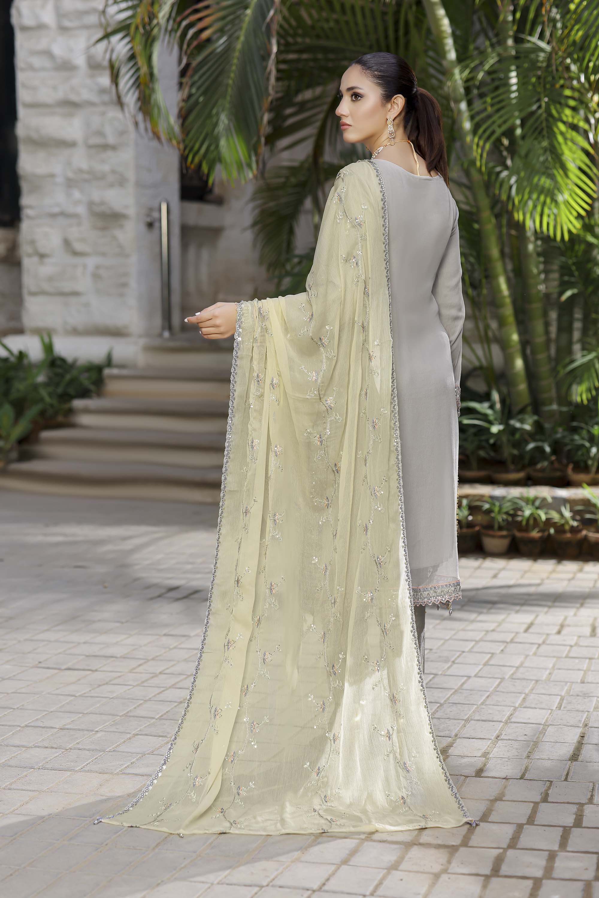 Contemporary Slate Grey Suit with Silver Sequin Work & Pale Yellow Dupatta