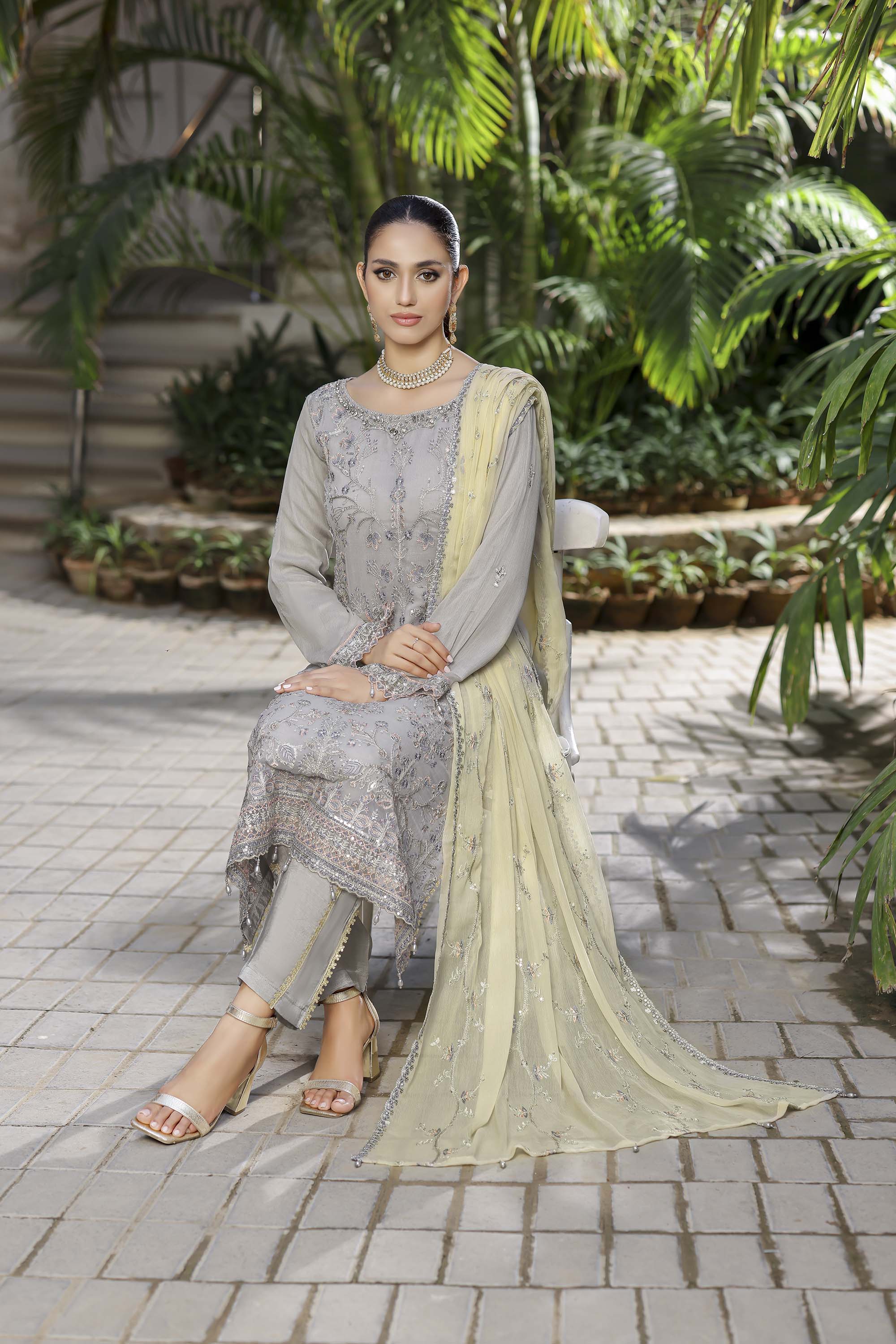 Contemporary Slate Grey Suit with Silver Sequin Work & Pale Yellow Dupatta