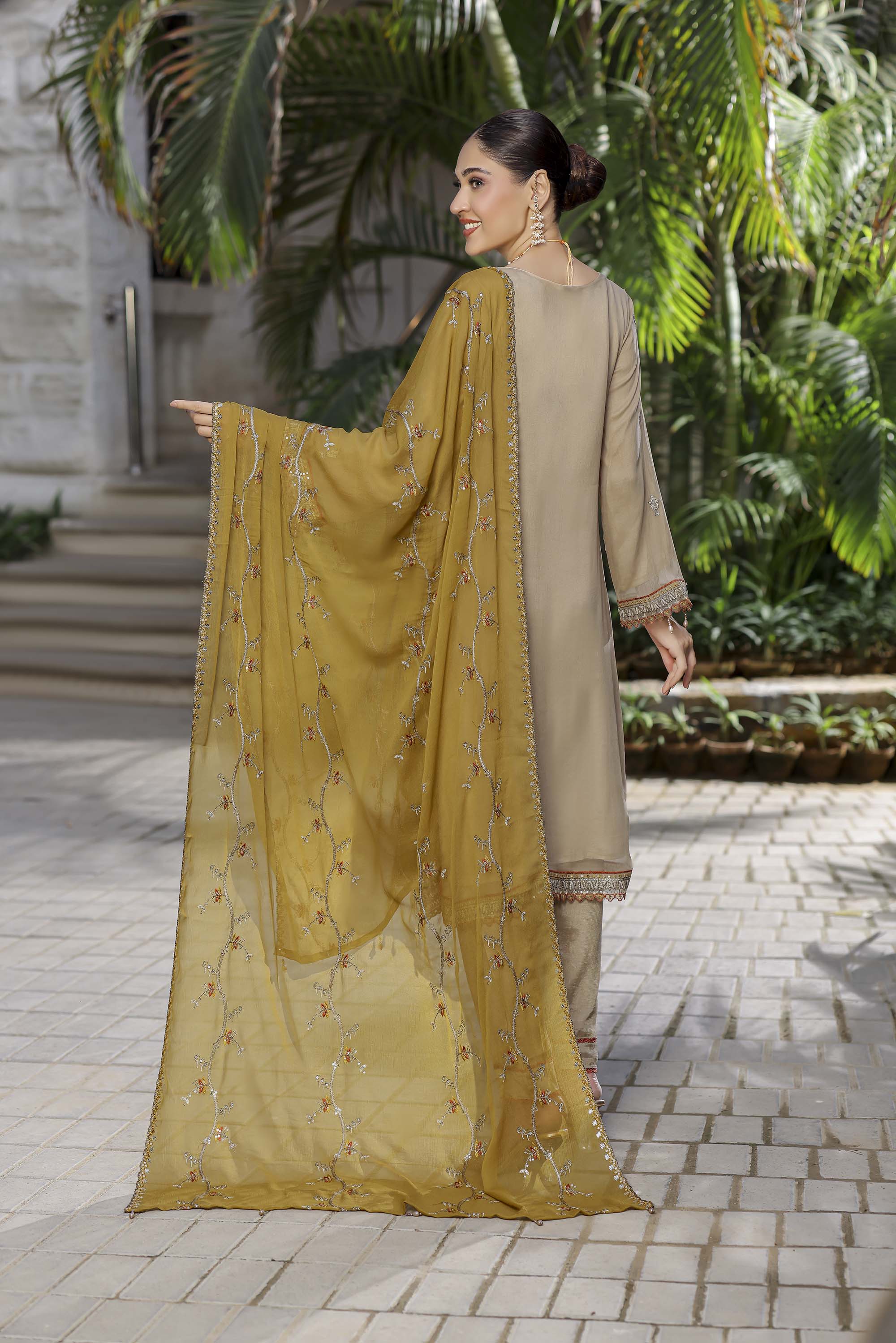 Regal Gold Beige Chiffon Suit with Zari Work & Mustard Olive Dupatta