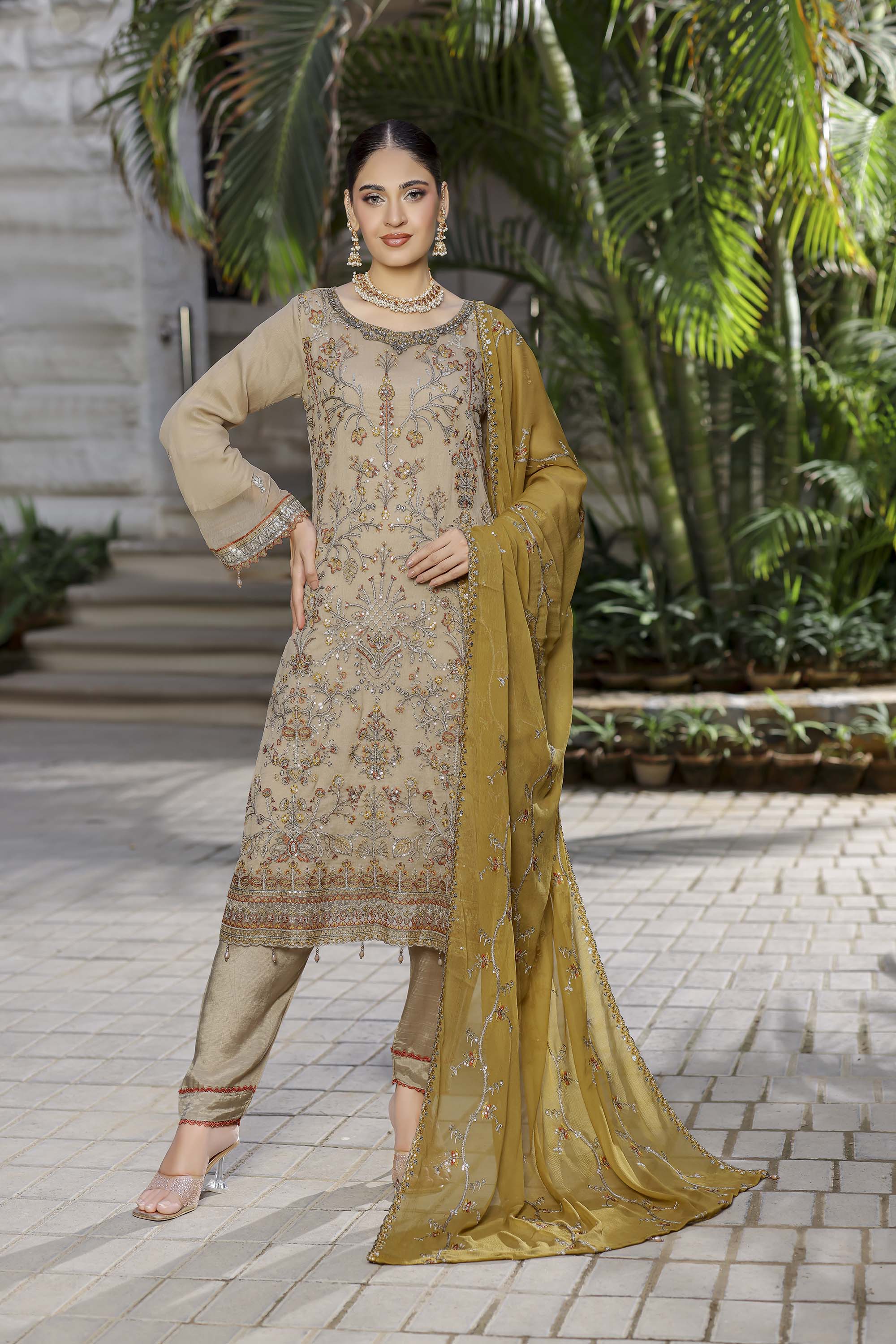 Regal Gold Beige Chiffon Suit with Zari Work & Mustard Olive Dupatta