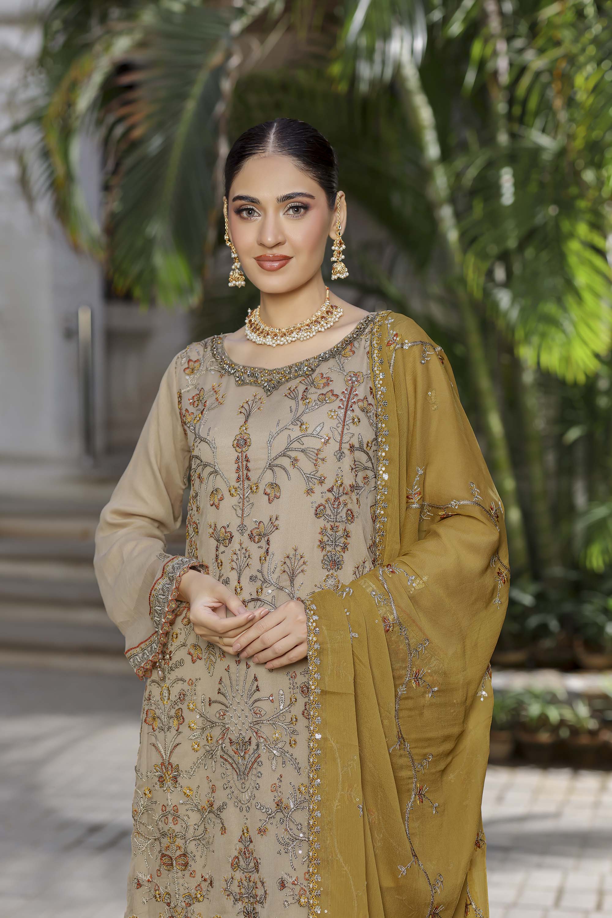Regal Gold Beige Chiffon Suit with Zari Work & Mustard Olive Dupatta