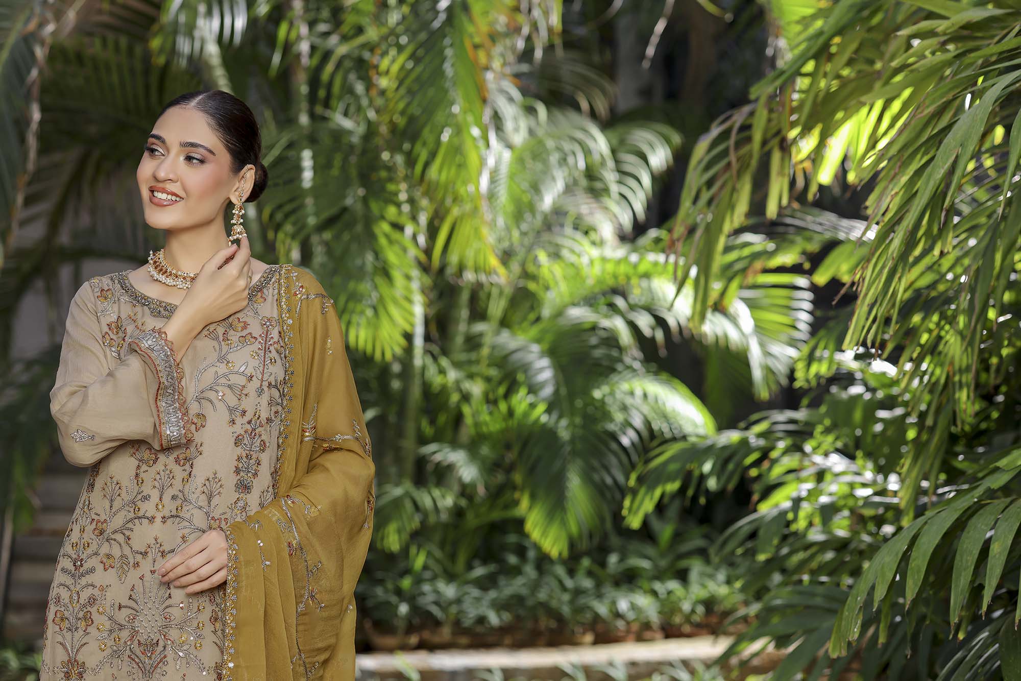 Regal Gold Beige Chiffon Suit with Zari Work & Mustard Olive Dupatta