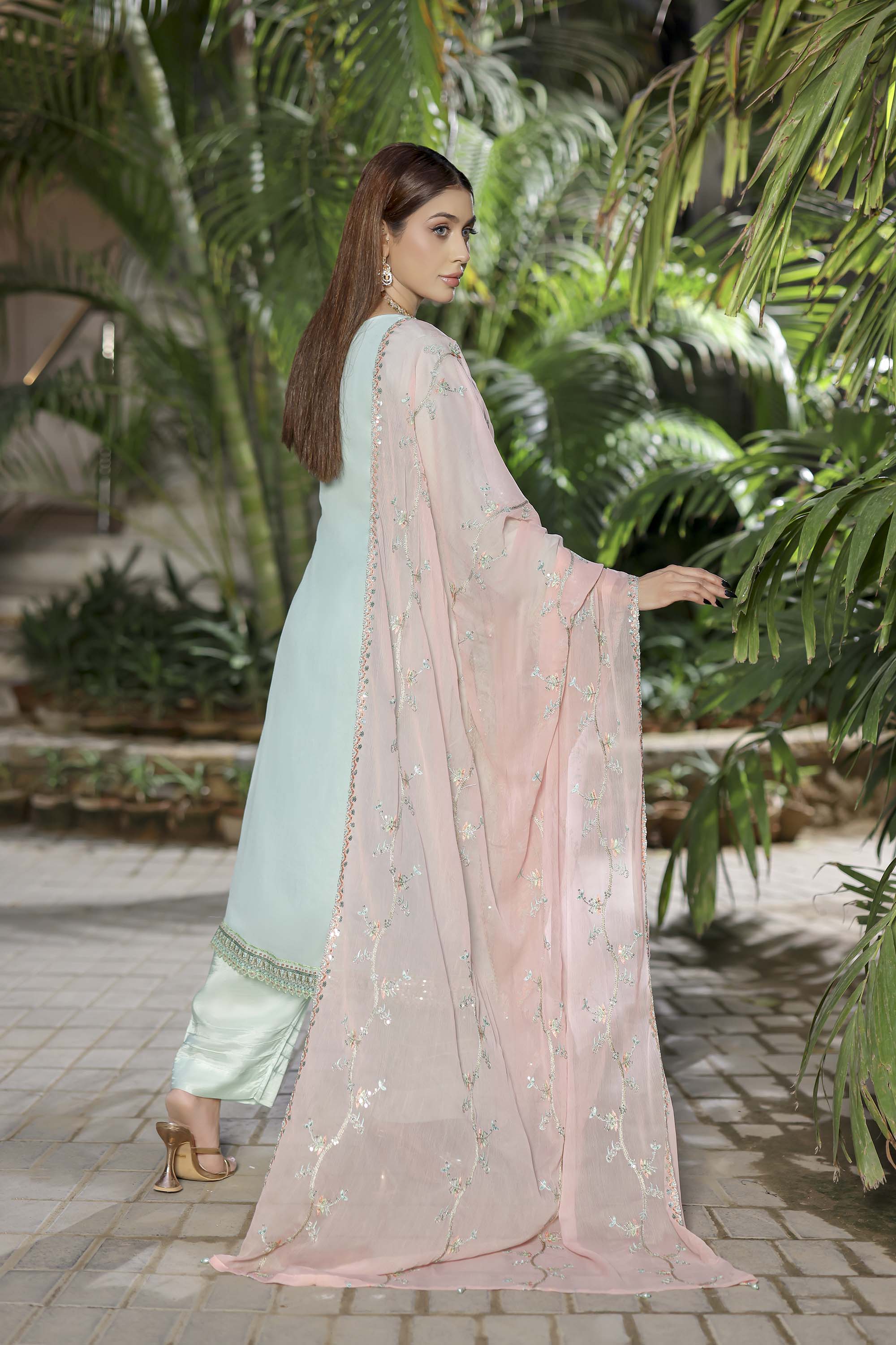 Ethereal Mint Green Embroidered Chiffon Suit with Pastel Pink Dupatta