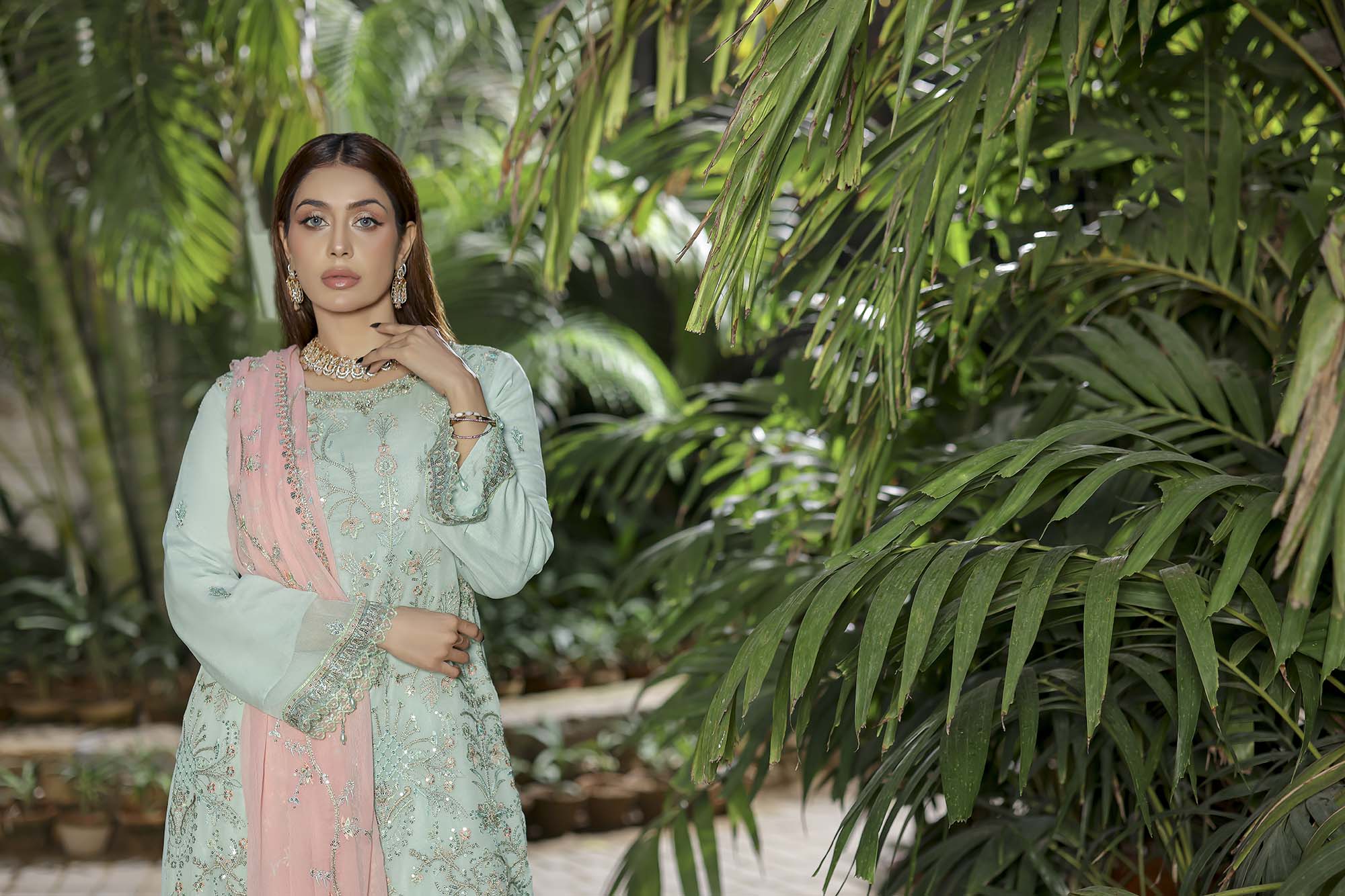Ethereal Mint Green Embroidered Chiffon Suit with Pastel Pink Dupatta