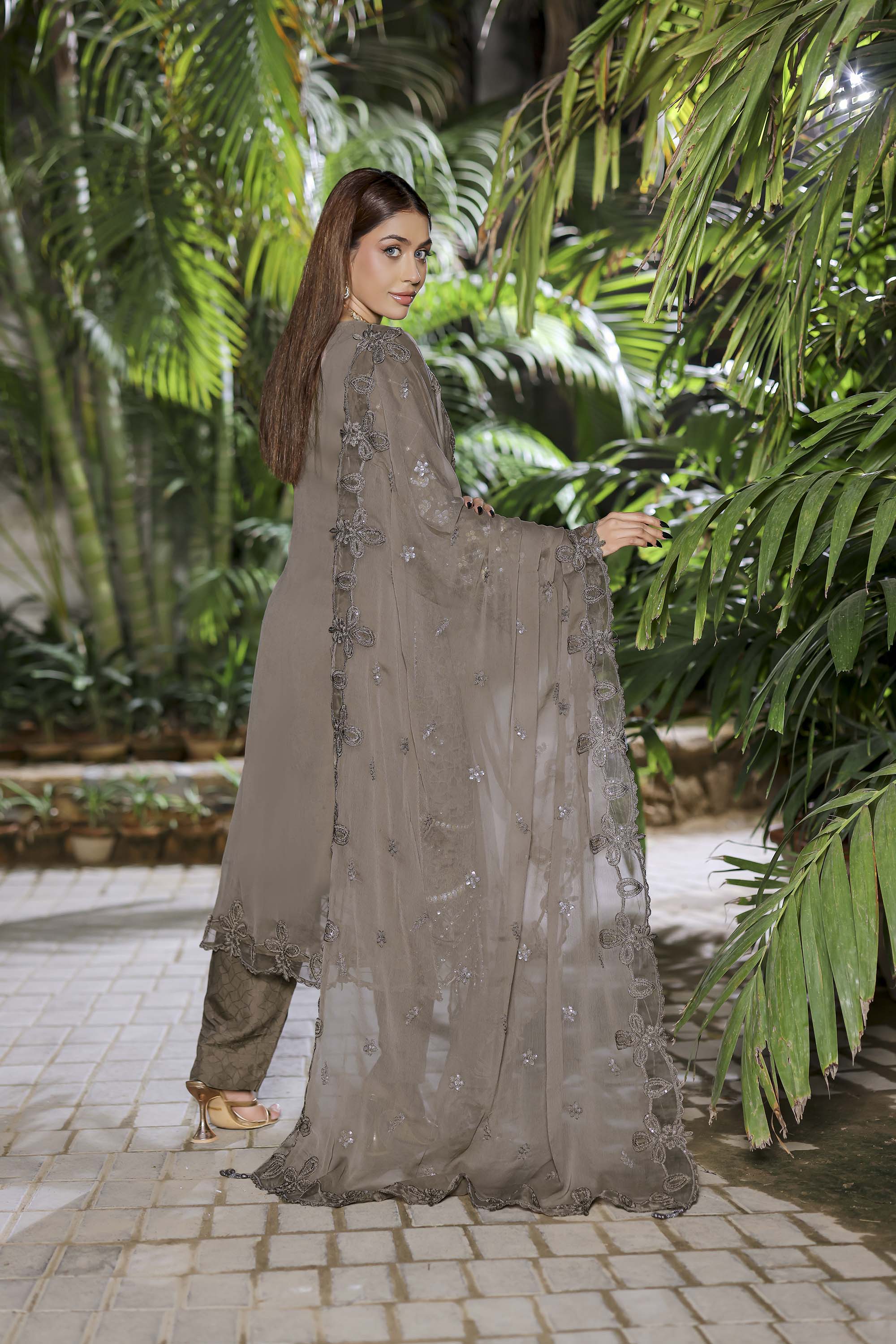 Safeena Taupe Formal Ensemble - Earthy Tone Sequin Work Dress