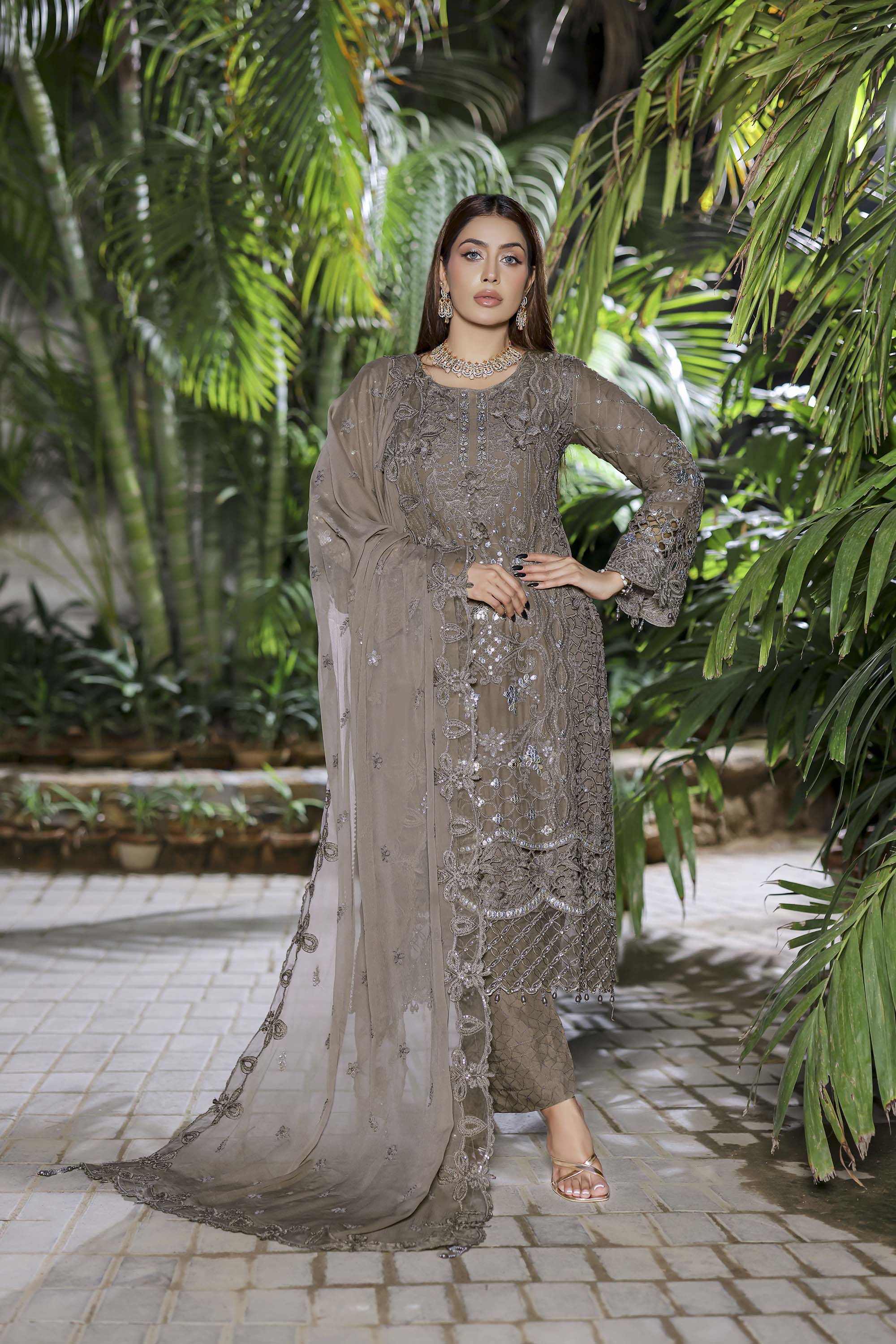 Safeena Taupe Formal Ensemble - Earthy Tone Sequin Work Dress