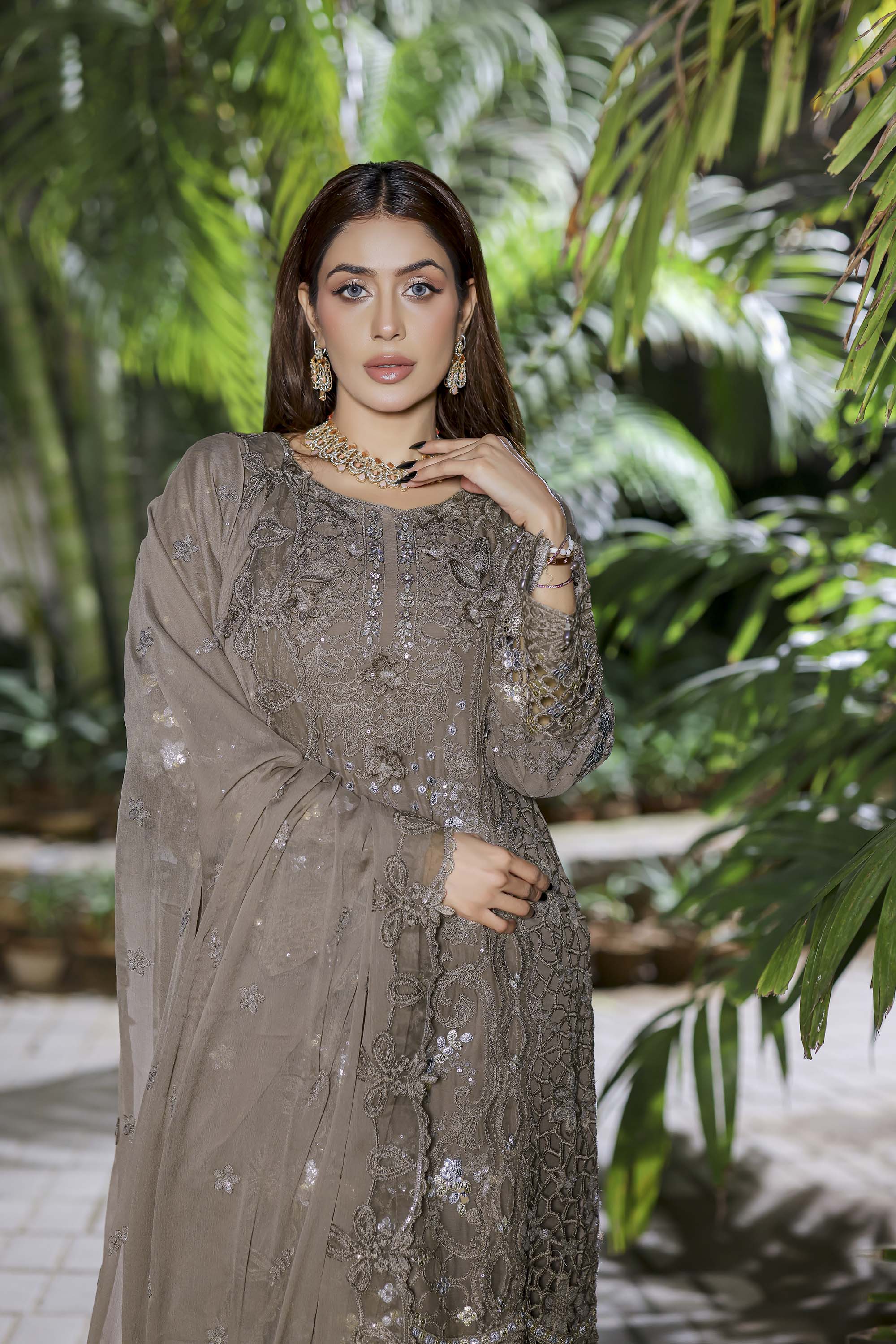 Safeena Taupe Formal Ensemble - Earthy Tone Sequin Work Dress