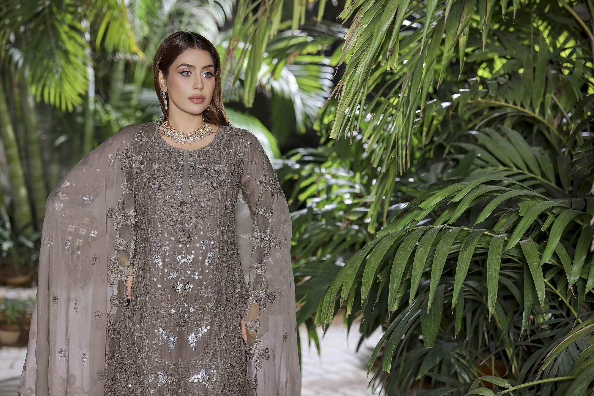 Safeena Taupe Formal Ensemble - Earthy Tone Sequin Work Dress