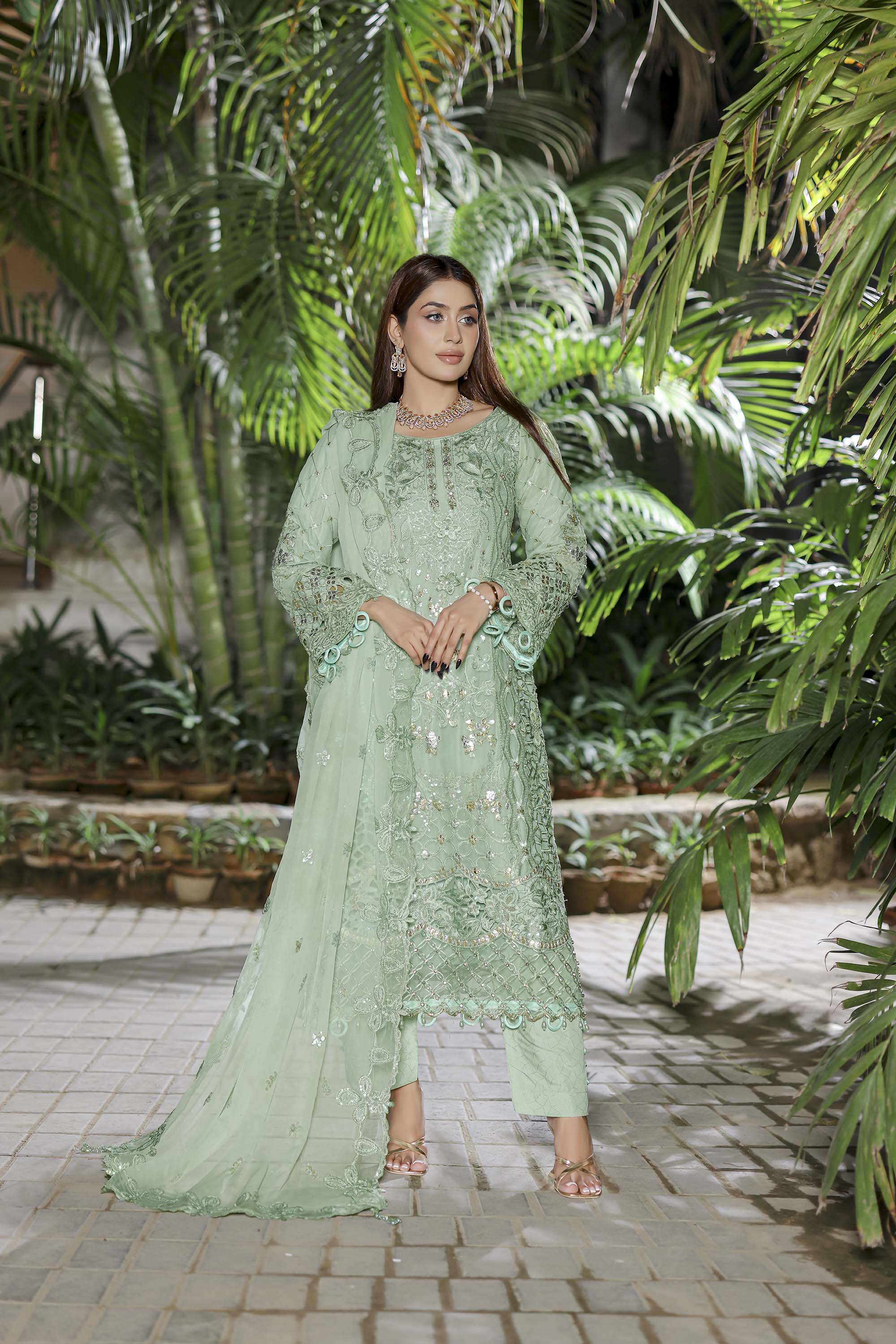 Safeena Mint Green Formal Ensemble - Light Green Embroidered Festive Wear
