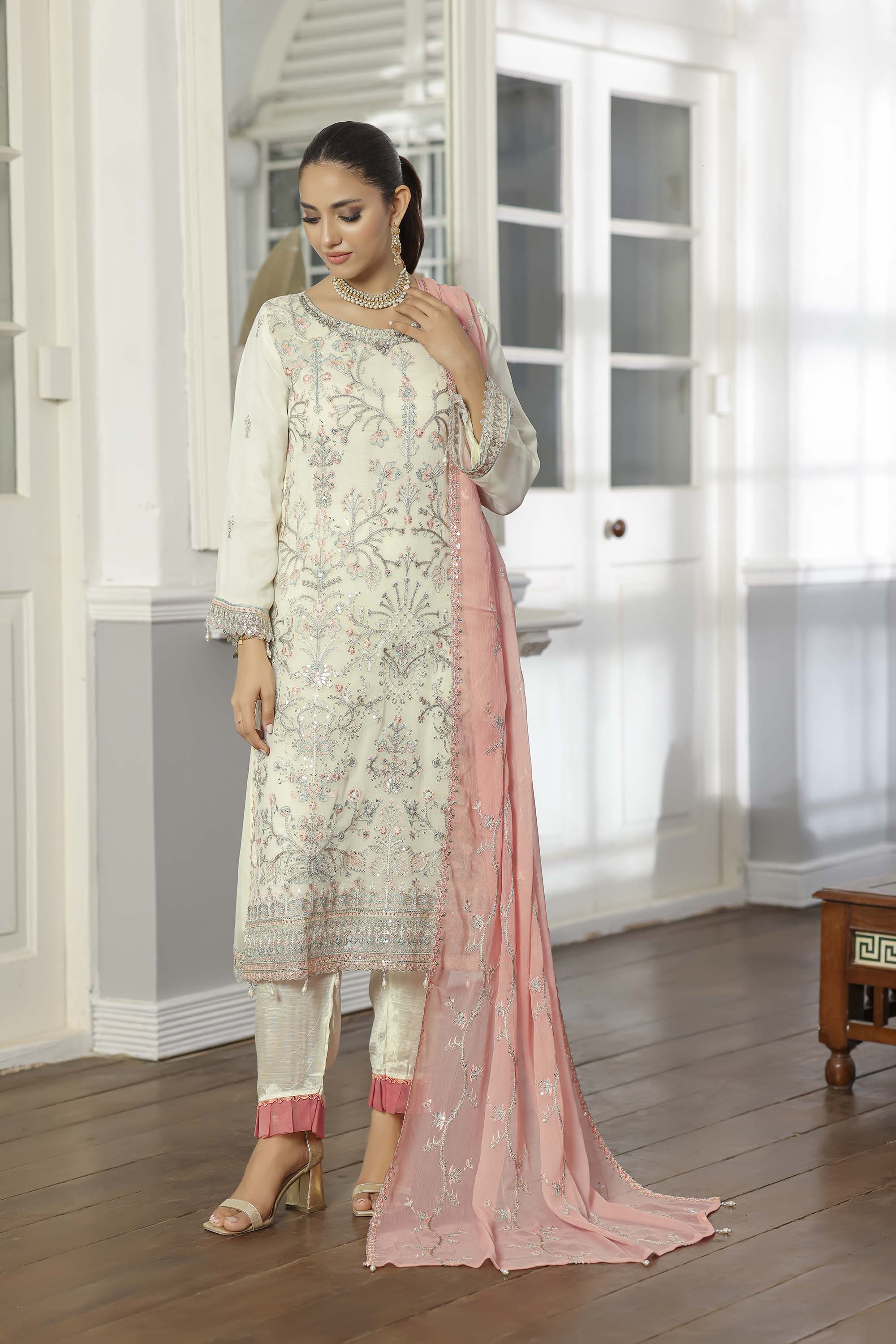 Rang Rasiya Ivory Chiffon Suit with Pink Embroidery & Dupatta