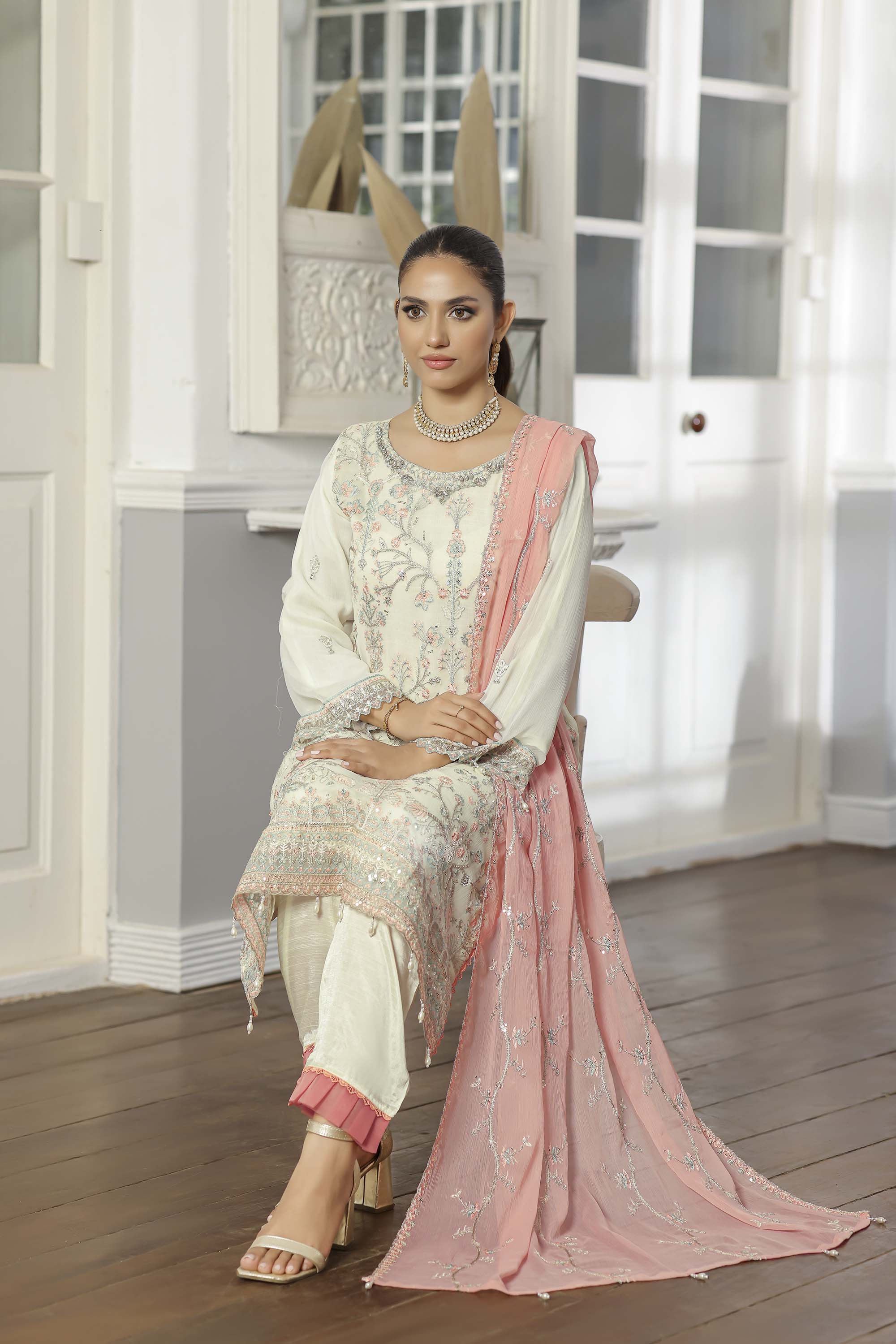 Rang Rasiya Ivory Chiffon Suit with Pink Embroidery & Dupatta