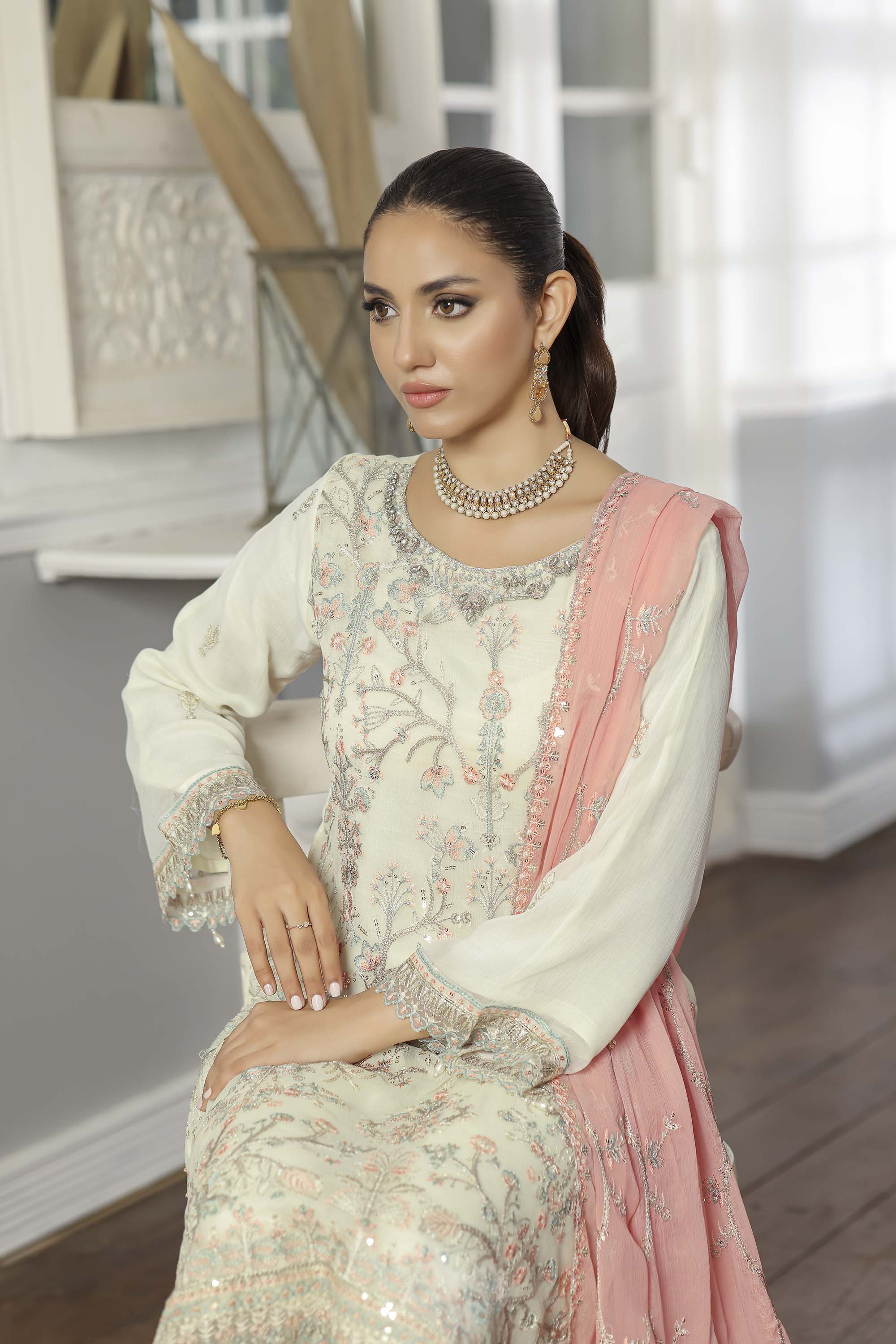 Rang Rasiya Ivory Chiffon Suit with Pink Embroidery & Dupatta