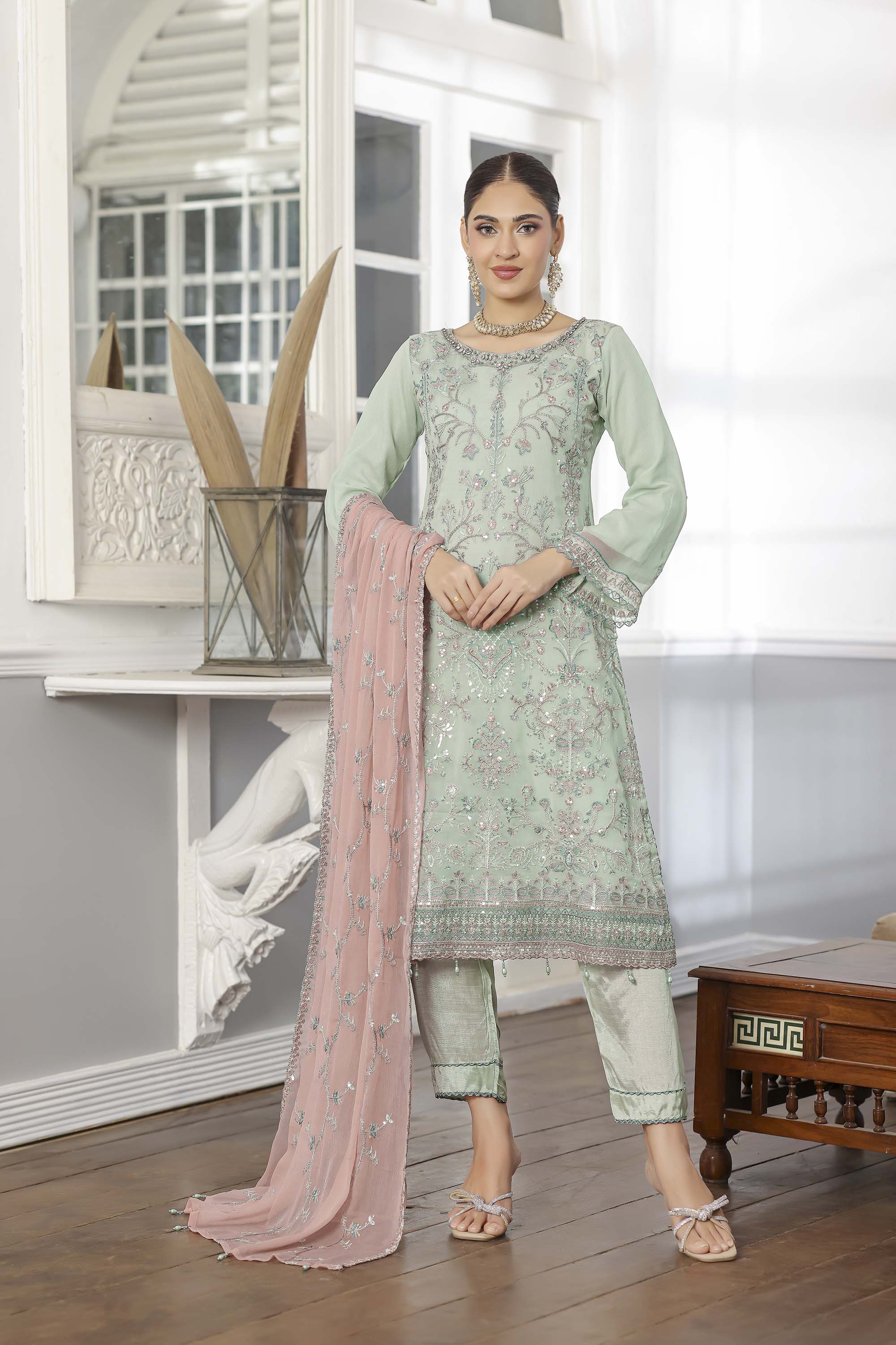 Rang Rasiya Mint Green Pastel Chiffon Suit with Pink Dupatta