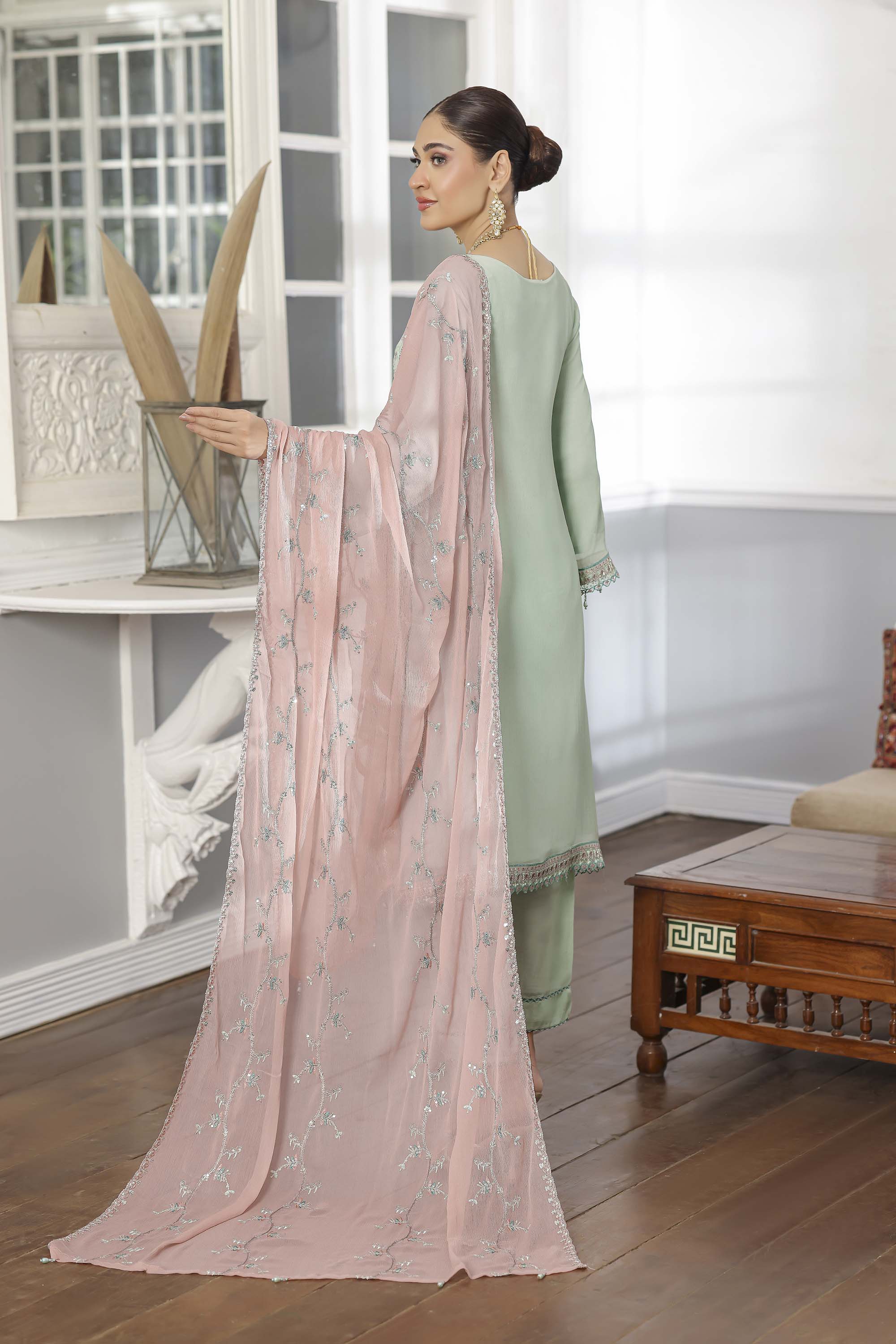 Rang Rasiya Mint Green Pastel Chiffon Suit with Pink Dupatta