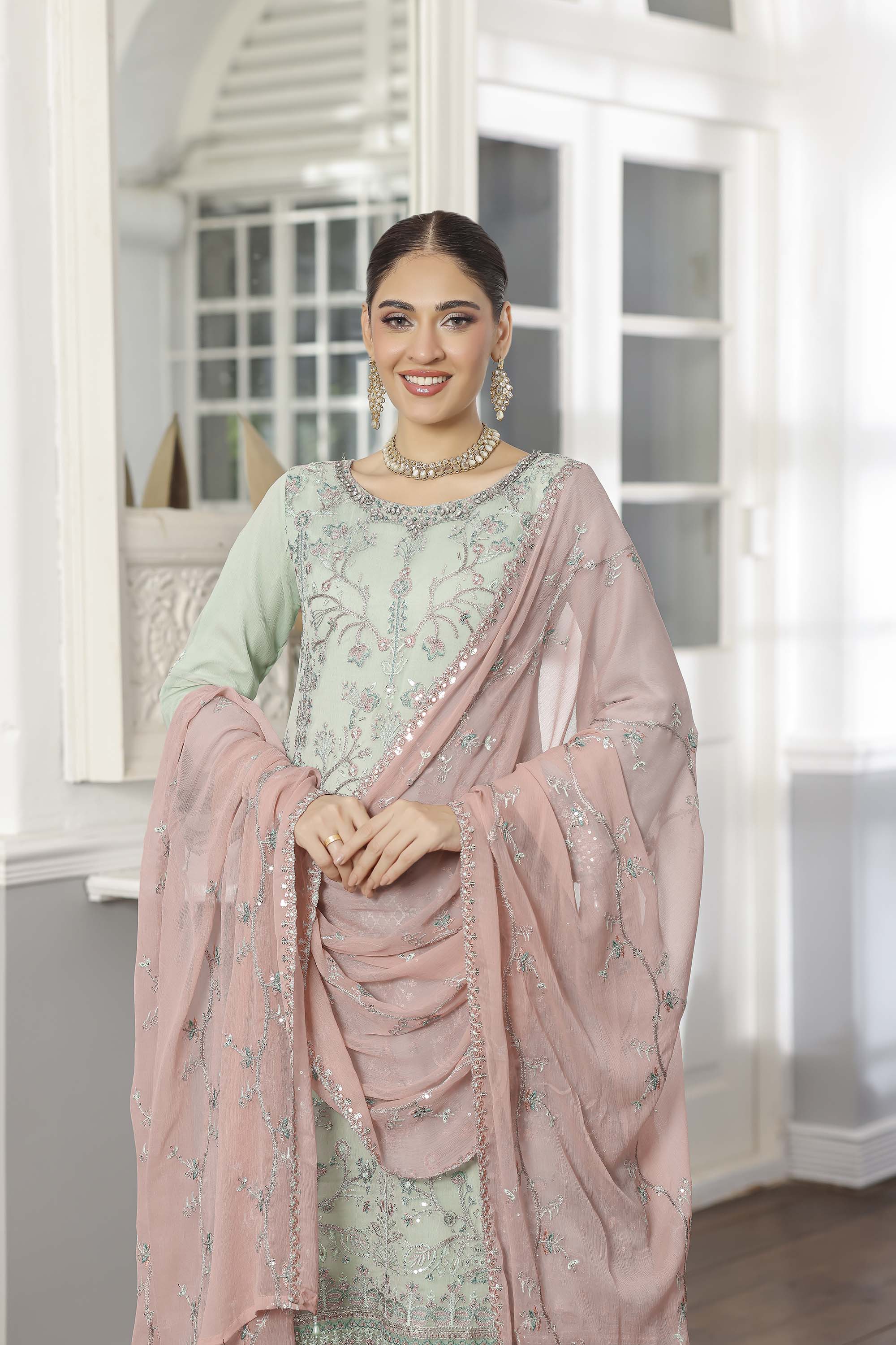 Rang Rasiya Mint Green Pastel Chiffon Suit with Pink Dupatta