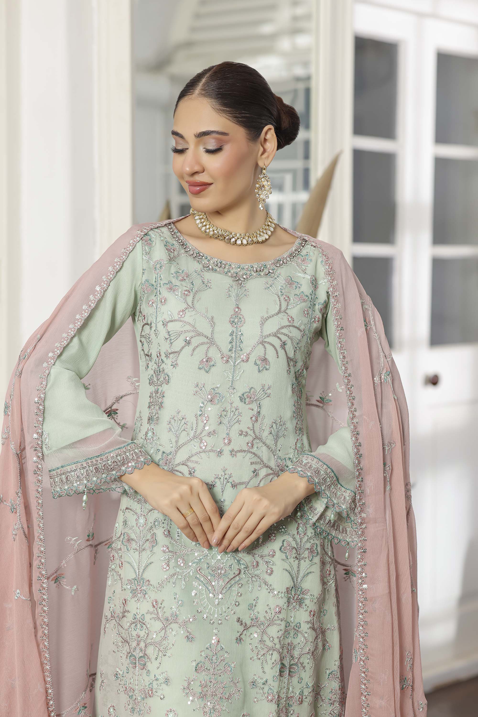 Rang Rasiya Mint Green Pastel Chiffon Suit with Pink Dupatta