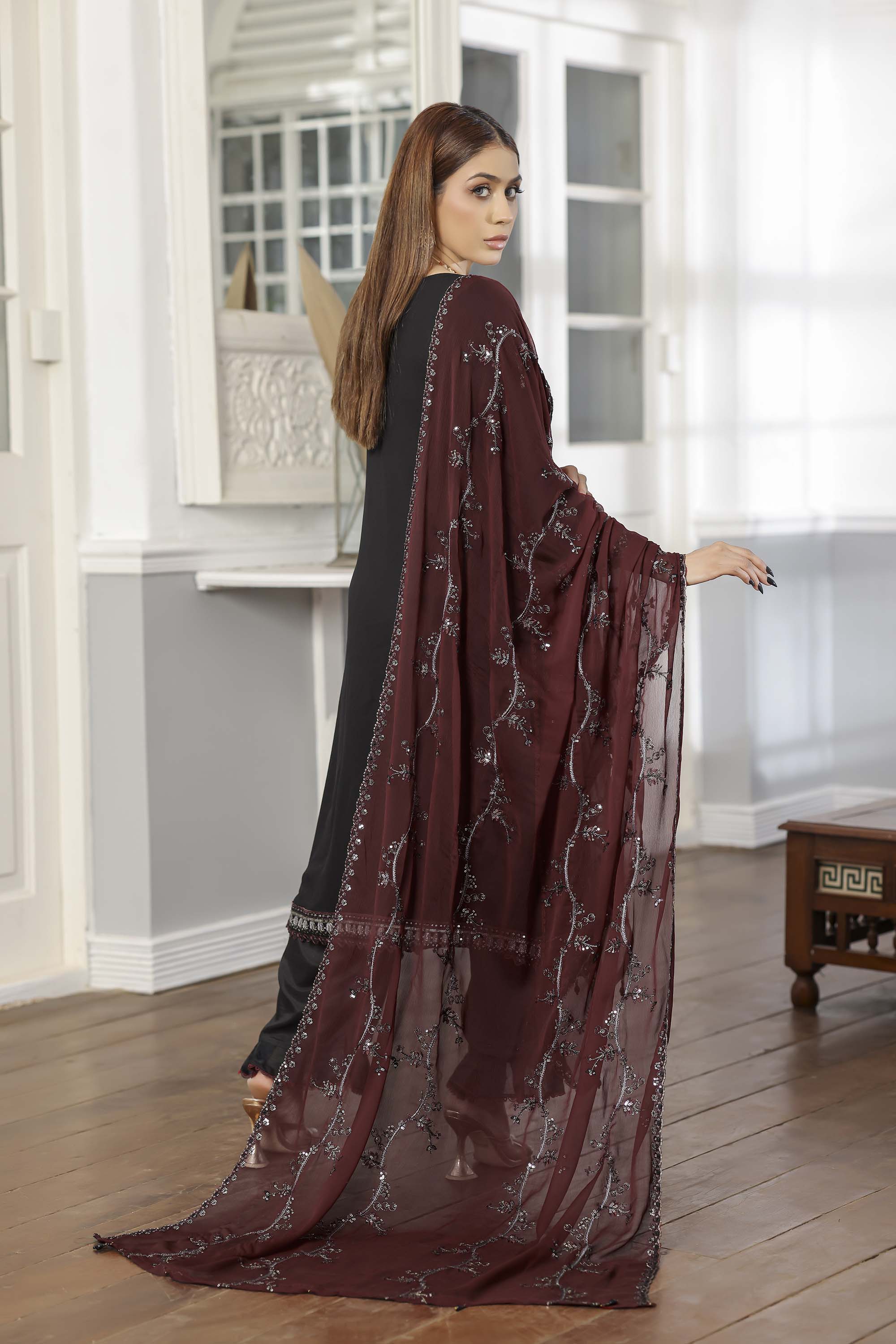 Rang Rasiya Black Luxury Embroidered Chiffon Suit with Maroon Dupatta