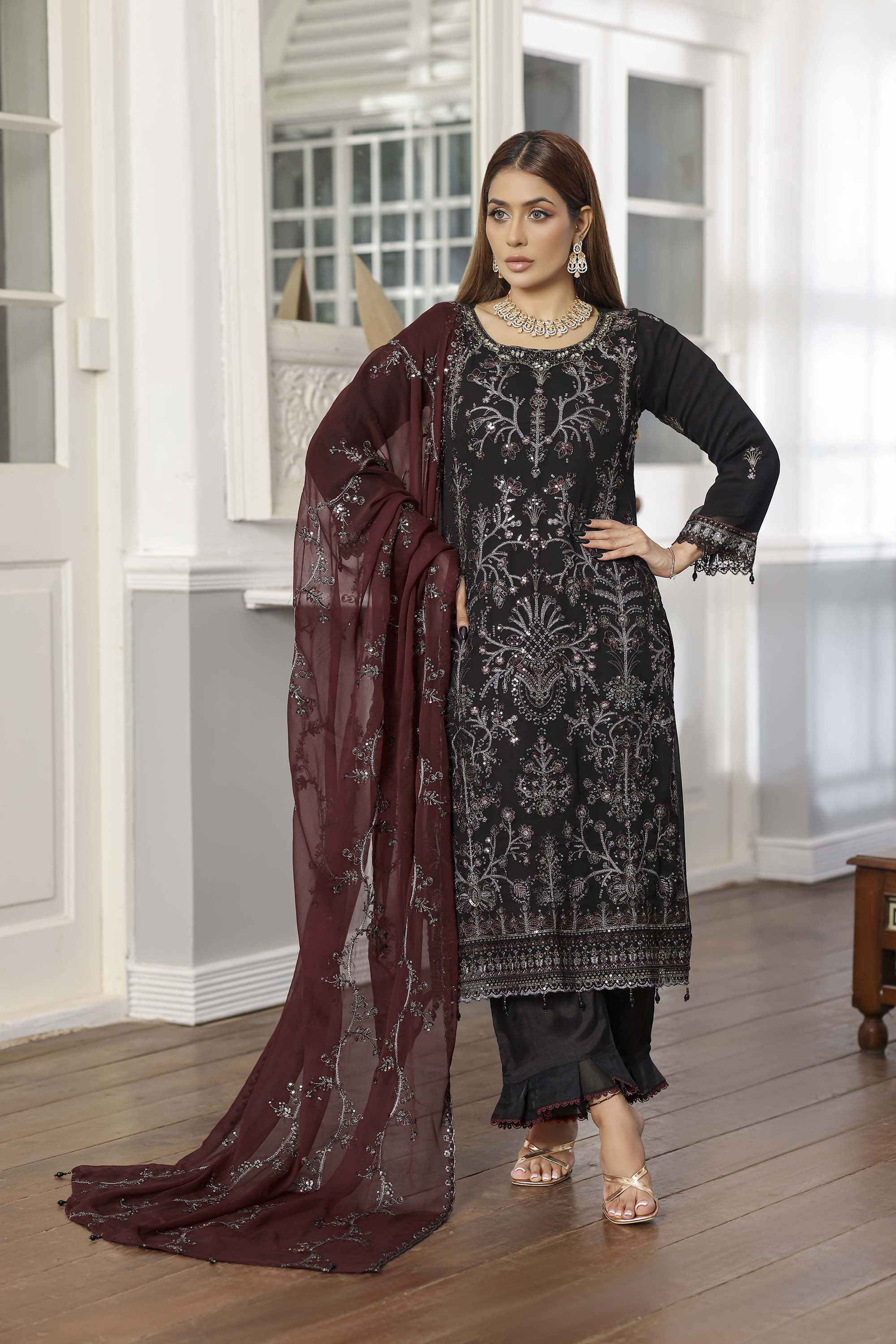 Rang Rasiya Black Luxury Embroidered Chiffon Suit with Maroon Dupatta