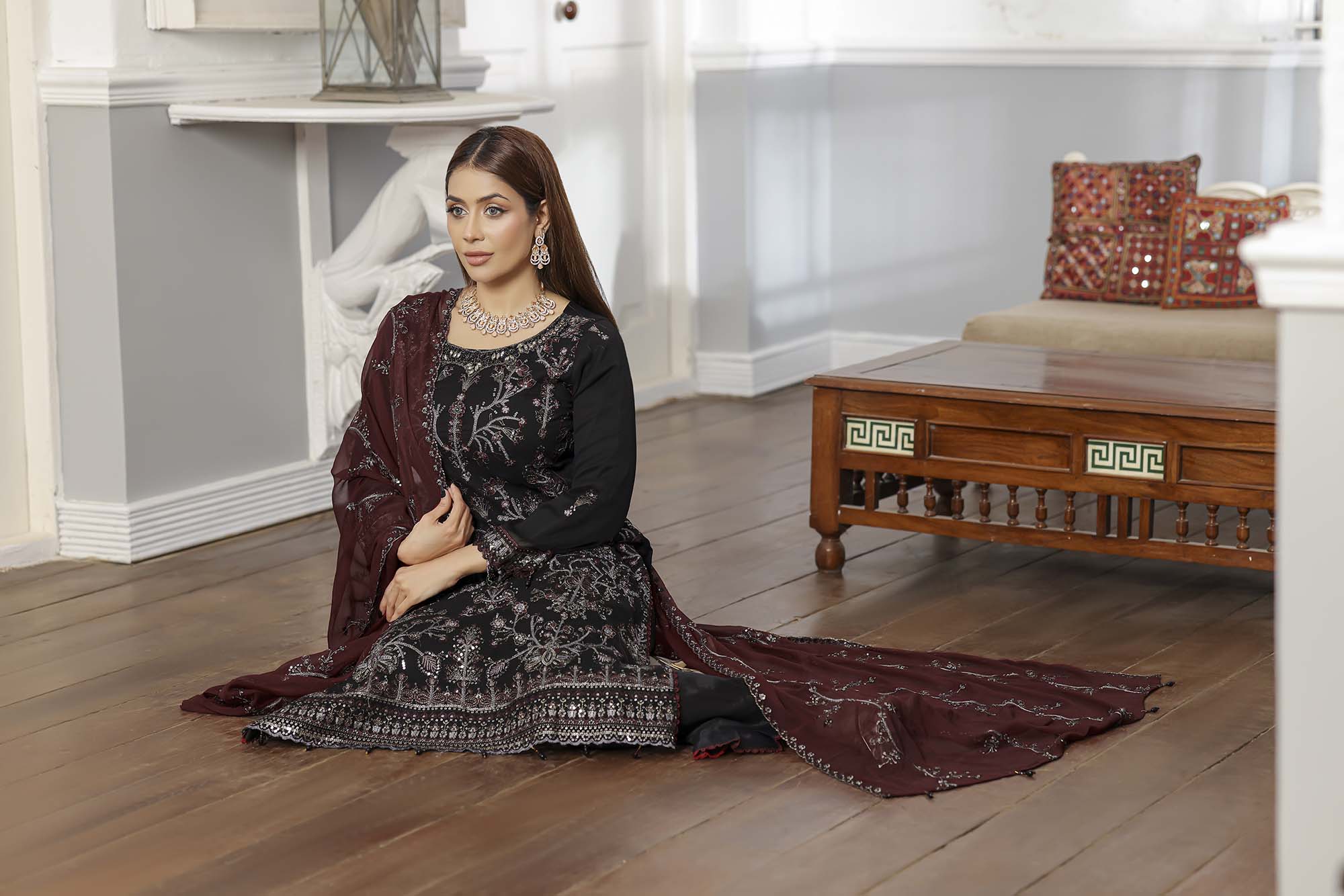 Rang Rasiya Black Luxury Embroidered Chiffon Suit with Maroon Dupatta