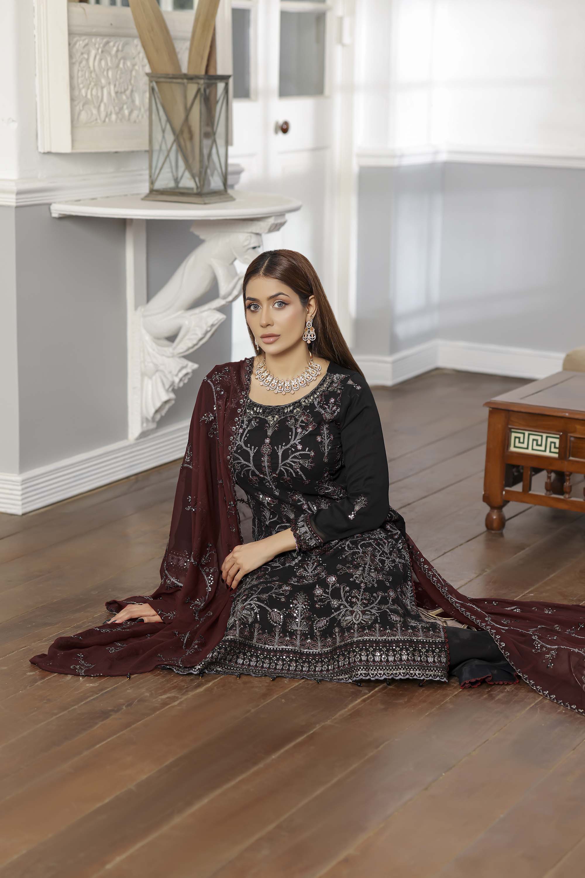 Rang Rasiya Black Luxury Embroidered Chiffon Suit with Maroon Dupatta