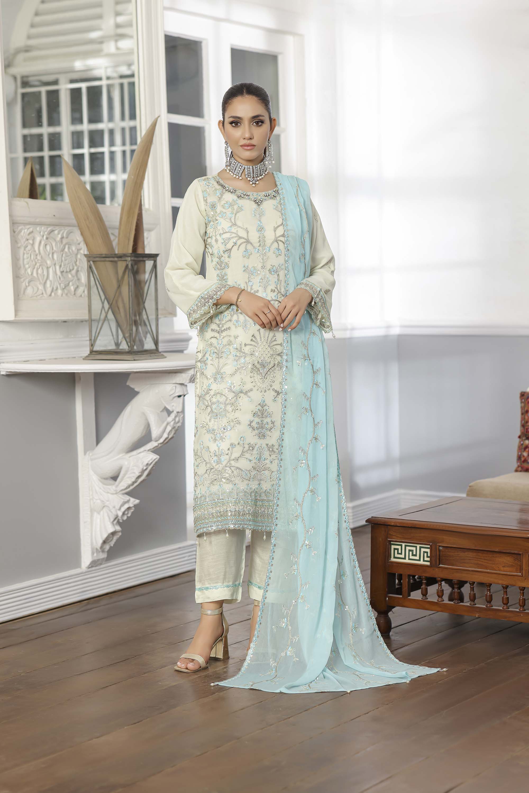 Rang Rasiya Ivory Chiffon Suit with Aqua Blue Embroidery & Dupatta