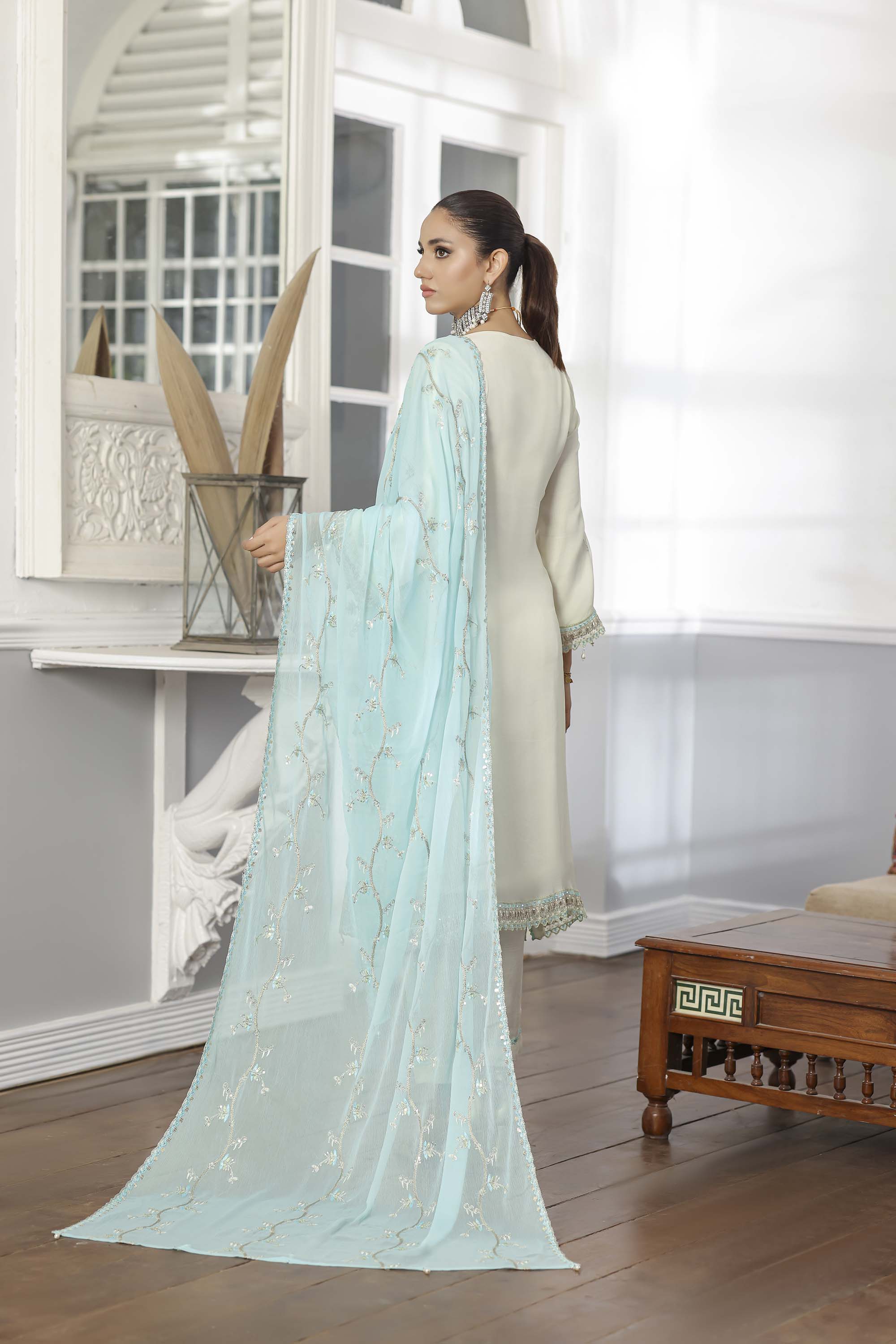Rang Rasiya Ivory Chiffon Suit with Aqua Blue Embroidery & Dupatta