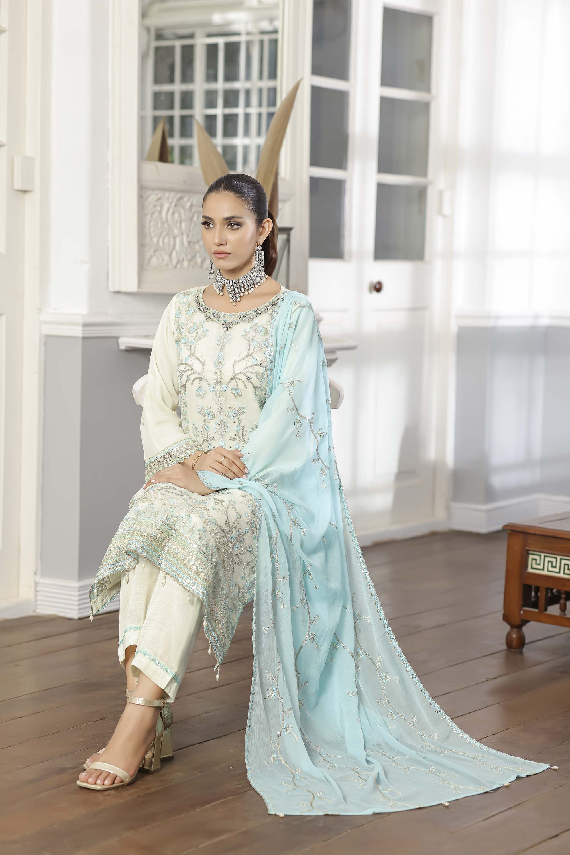 Rang Rasiya Ivory Chiffon Suit with Aqua Blue Embroidery & Dupatta
