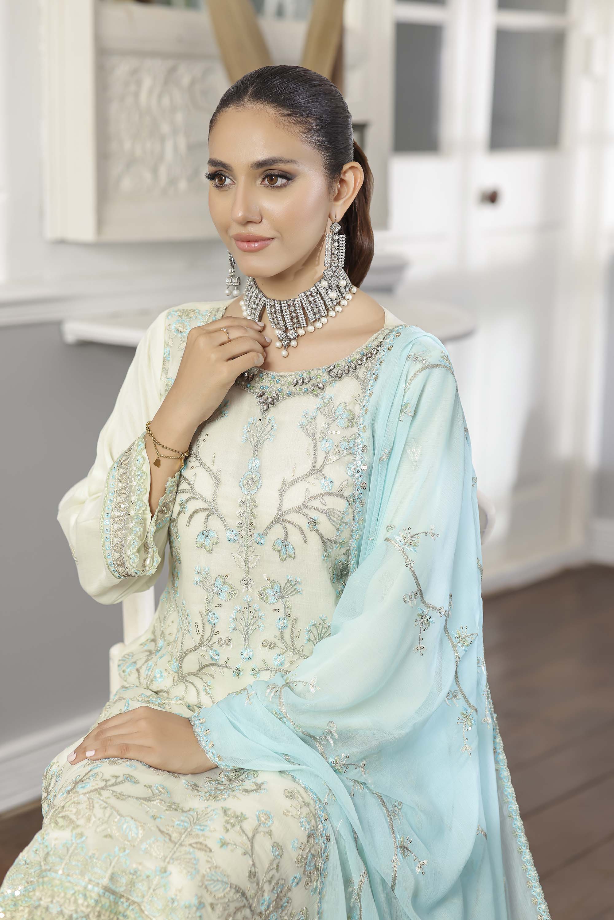 Rang Rasiya Ivory Chiffon Suit with Aqua Blue Embroidery & Dupatta