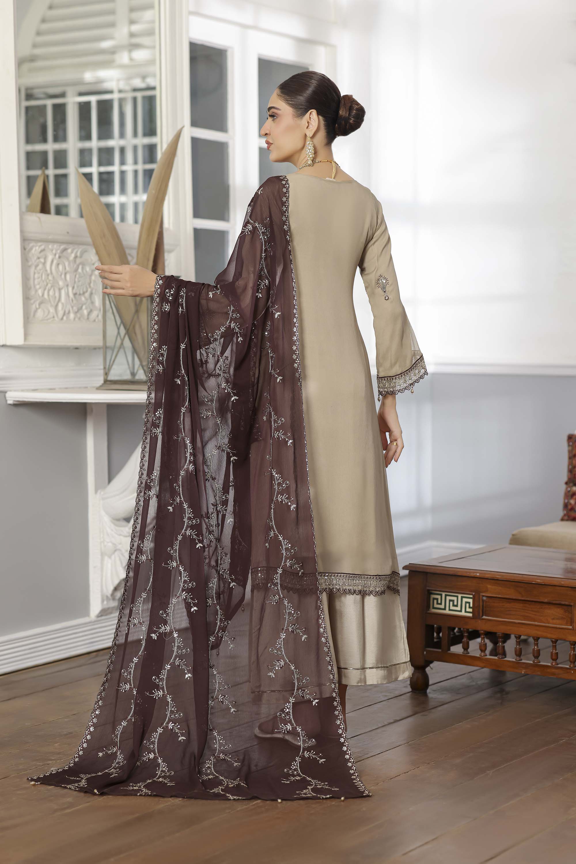 Rang Rasiya Beige Embroidered Chiffon Suit with Contrasting Brown Dupatta