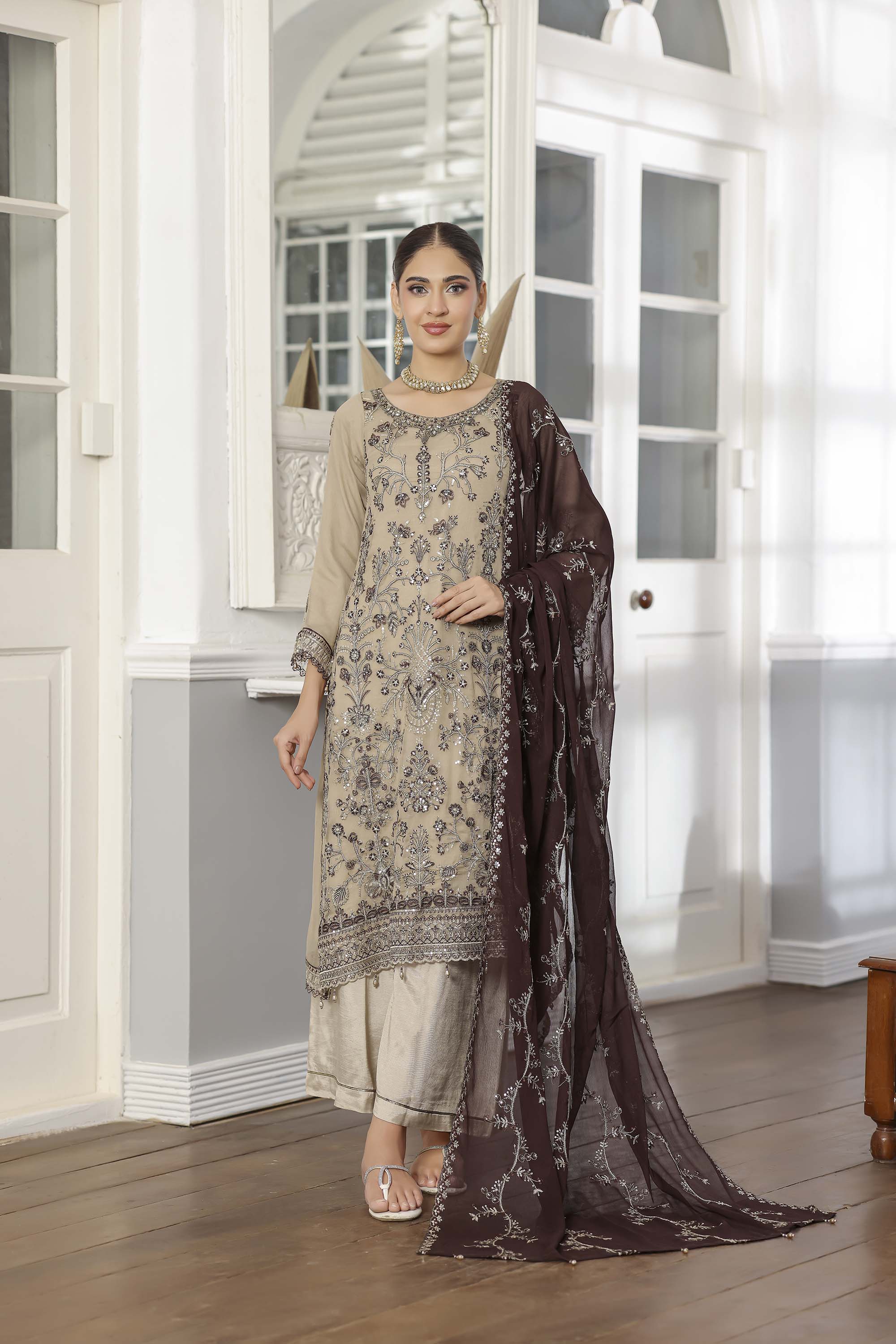 Rang Rasiya Beige Embroidered Chiffon Suit with Contrasting Brown Dupatta