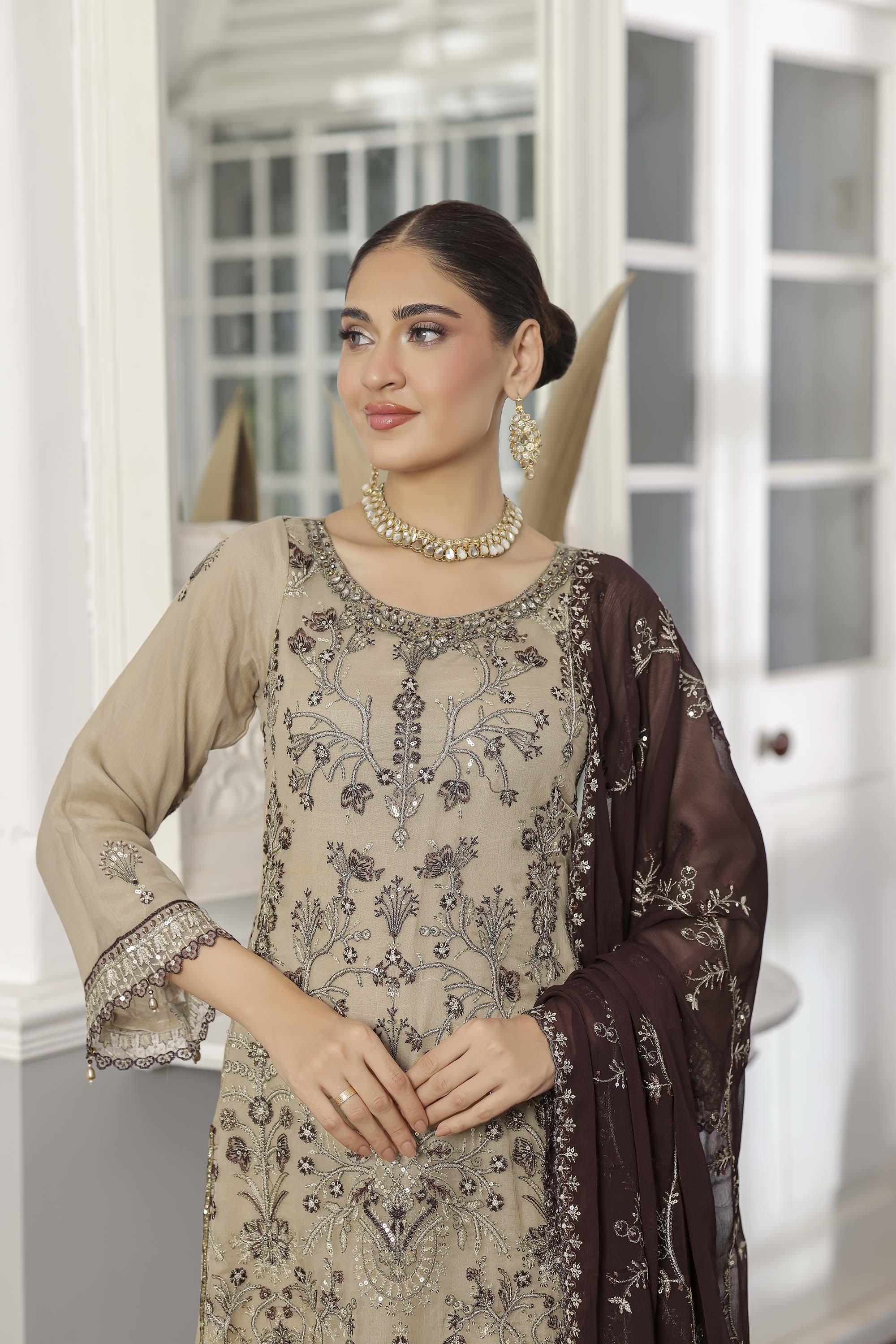 Rang Rasiya Beige Embroidered Chiffon Suit with Contrasting Brown Dupatta
