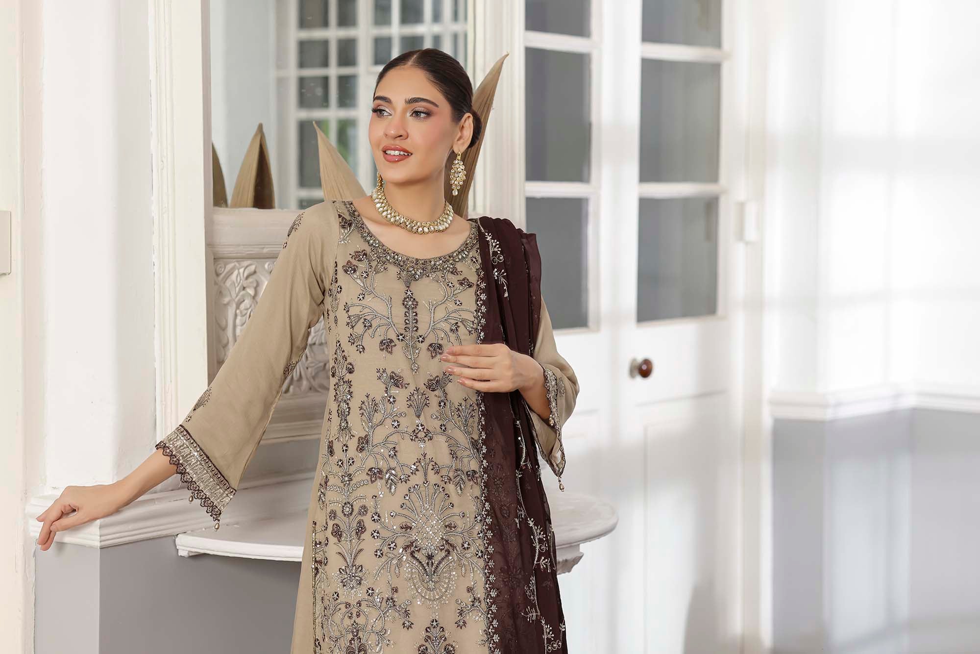 Rang Rasiya Beige Embroidered Chiffon Suit with Contrasting Brown Dupatta