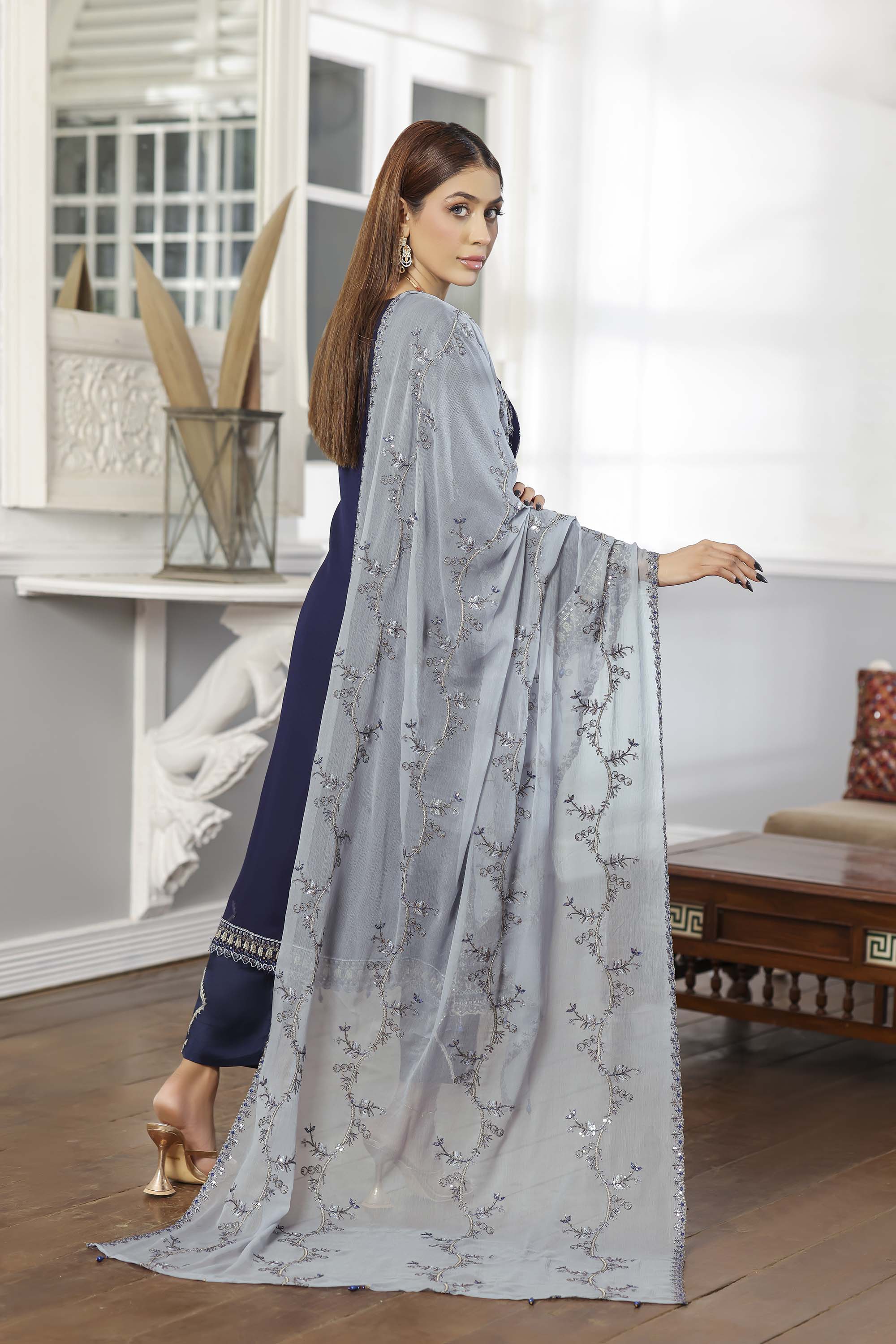 Rang Rasiya Navy Blue Formal Chiffon Suit with Silver Embroidery