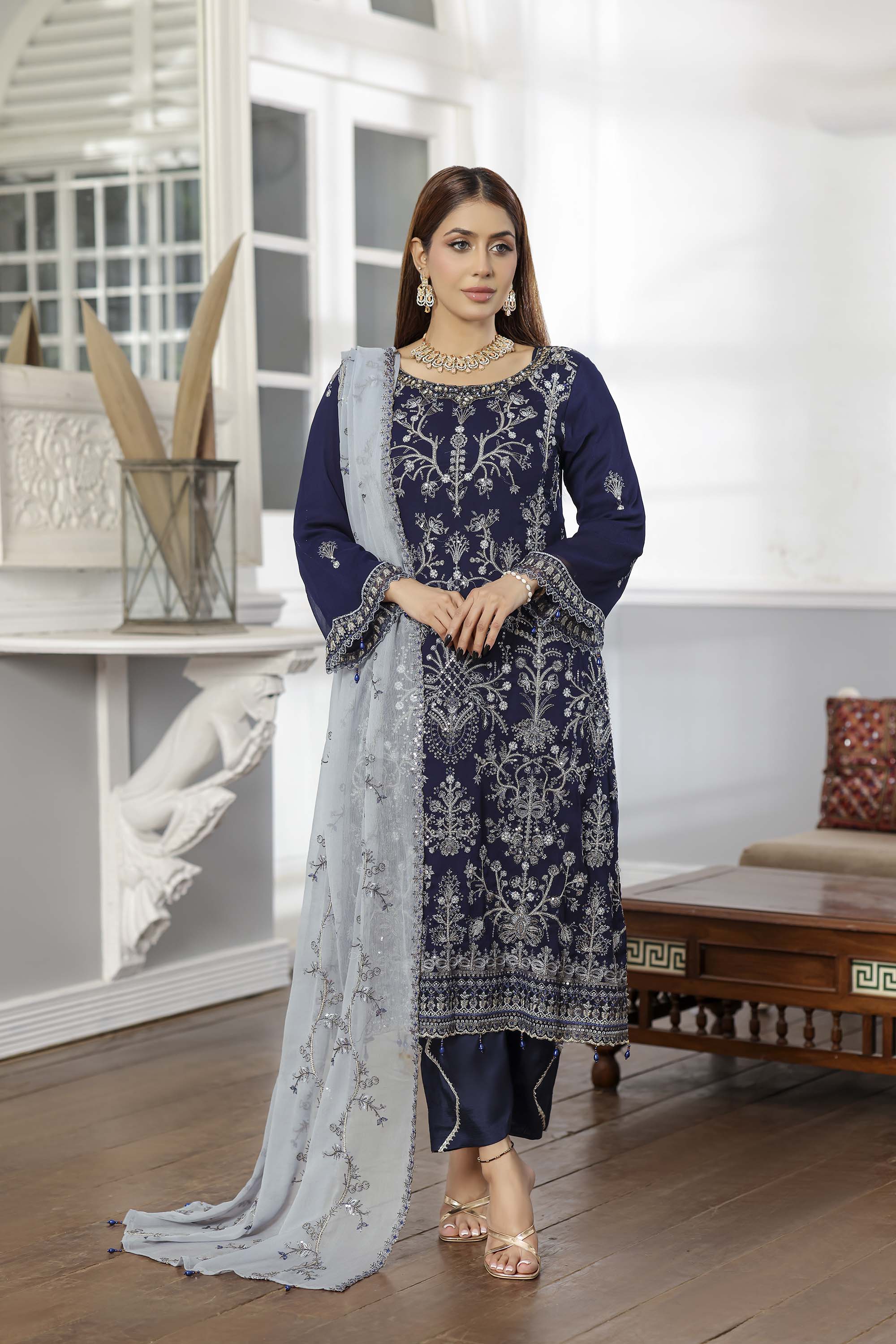 Rang Rasiya Navy Blue Formal Chiffon Suit with Silver Embroidery