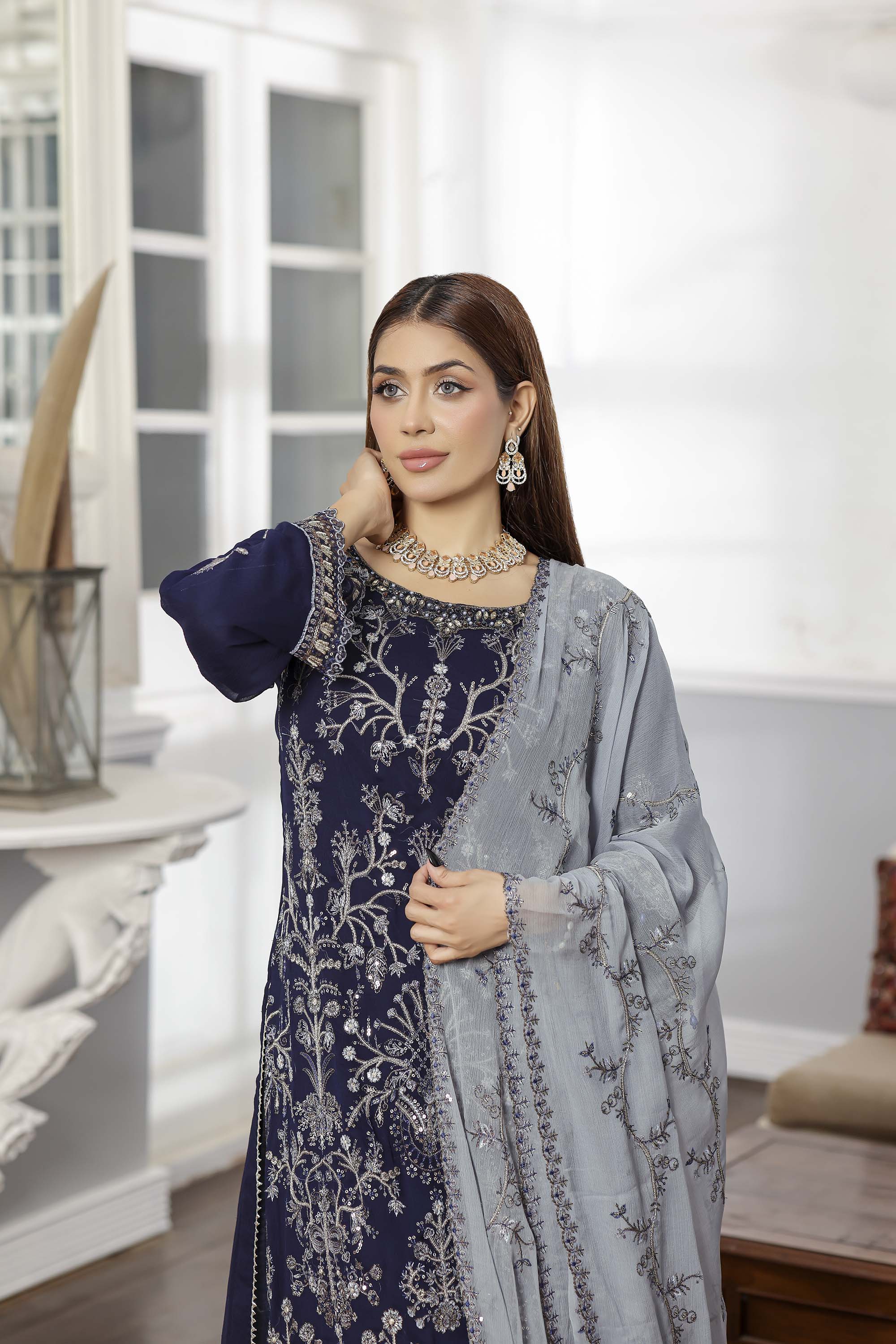 Rang Rasiya Navy Blue Formal Chiffon Suit with Silver Embroidery
