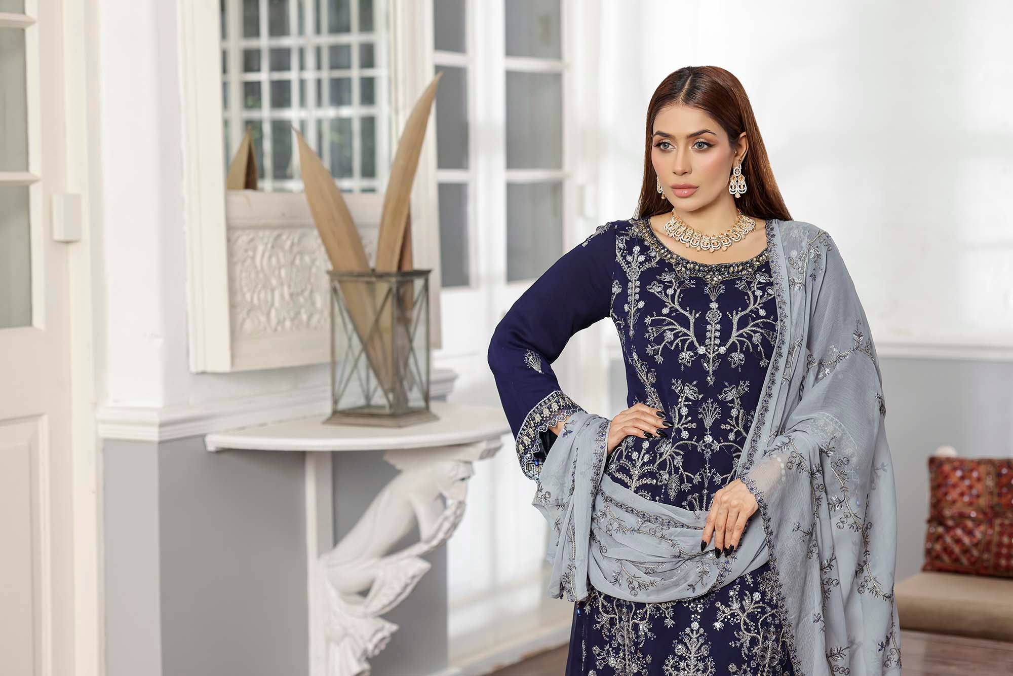 Rang Rasiya Navy Blue Formal Chiffon Suit with Silver Embroidery
