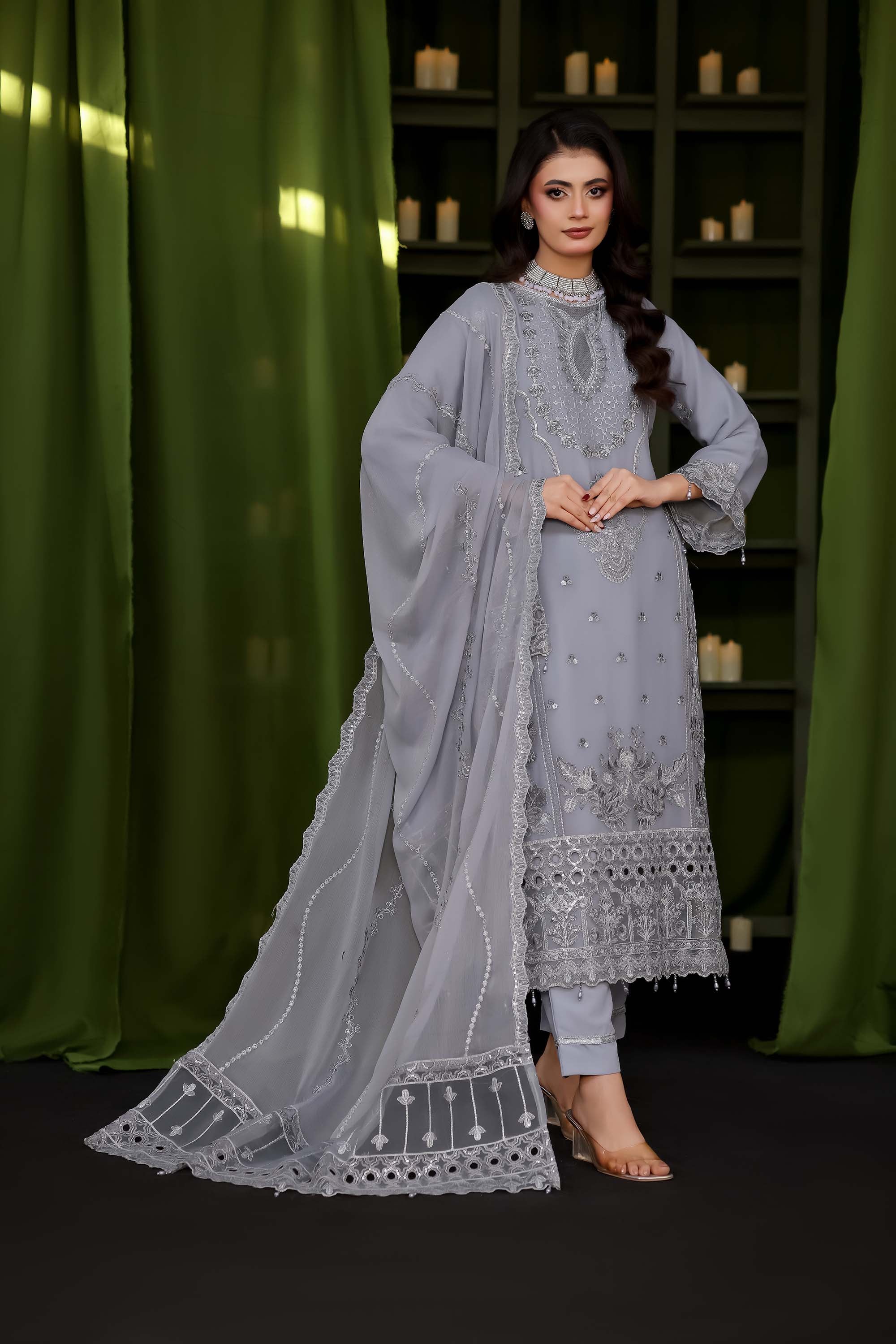 Ashiyana – Ethereal Grey High-Neck Embroidered Suit