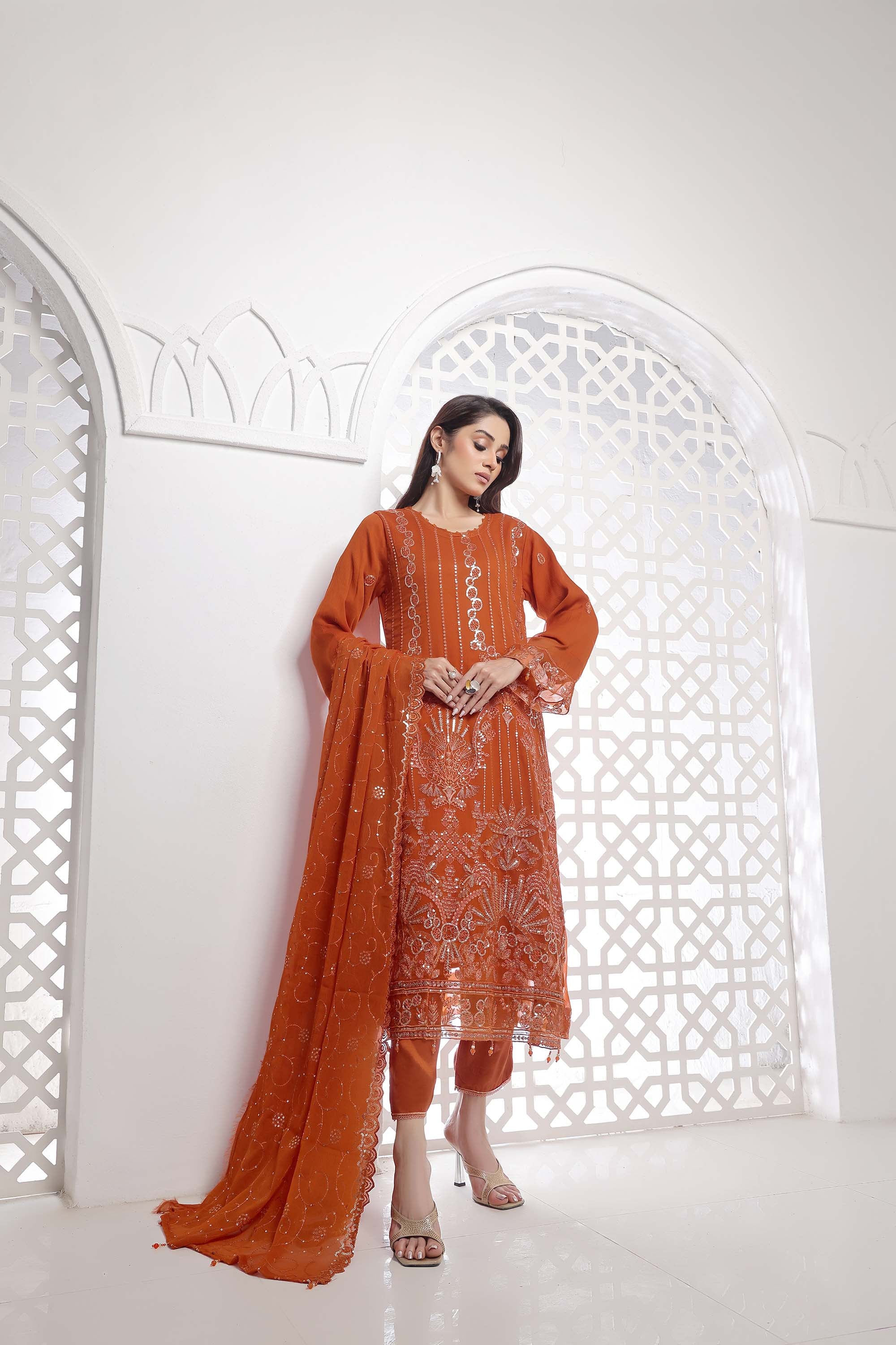 Jolie – Shimmering Embroidered Chiffon in Saffron Rust