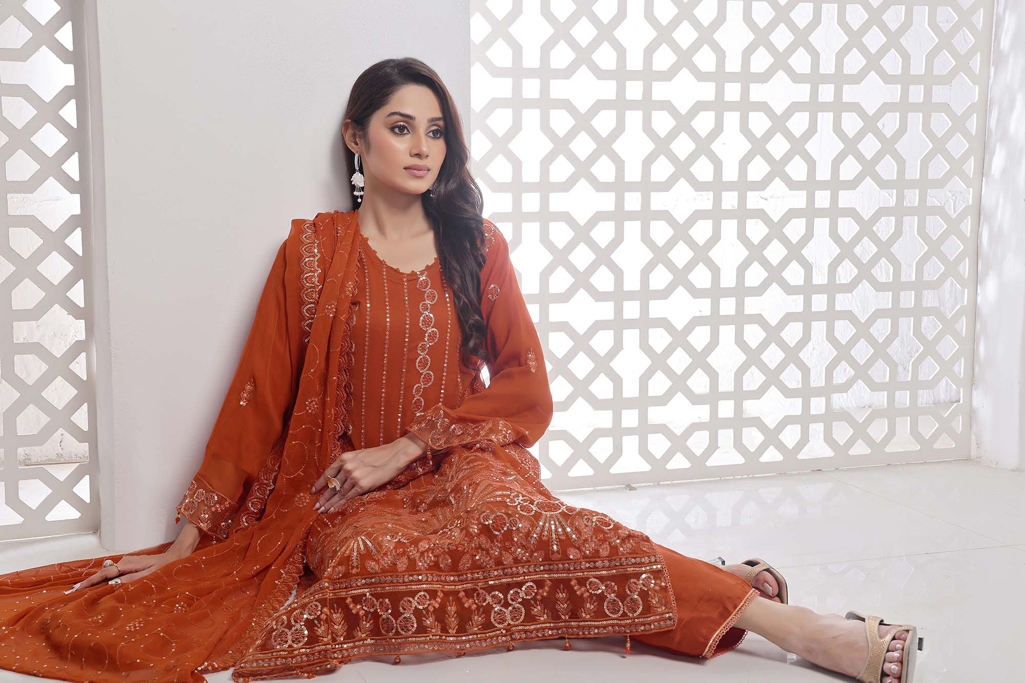 Jolie – Shimmering Embroidered Chiffon in Saffron Rust