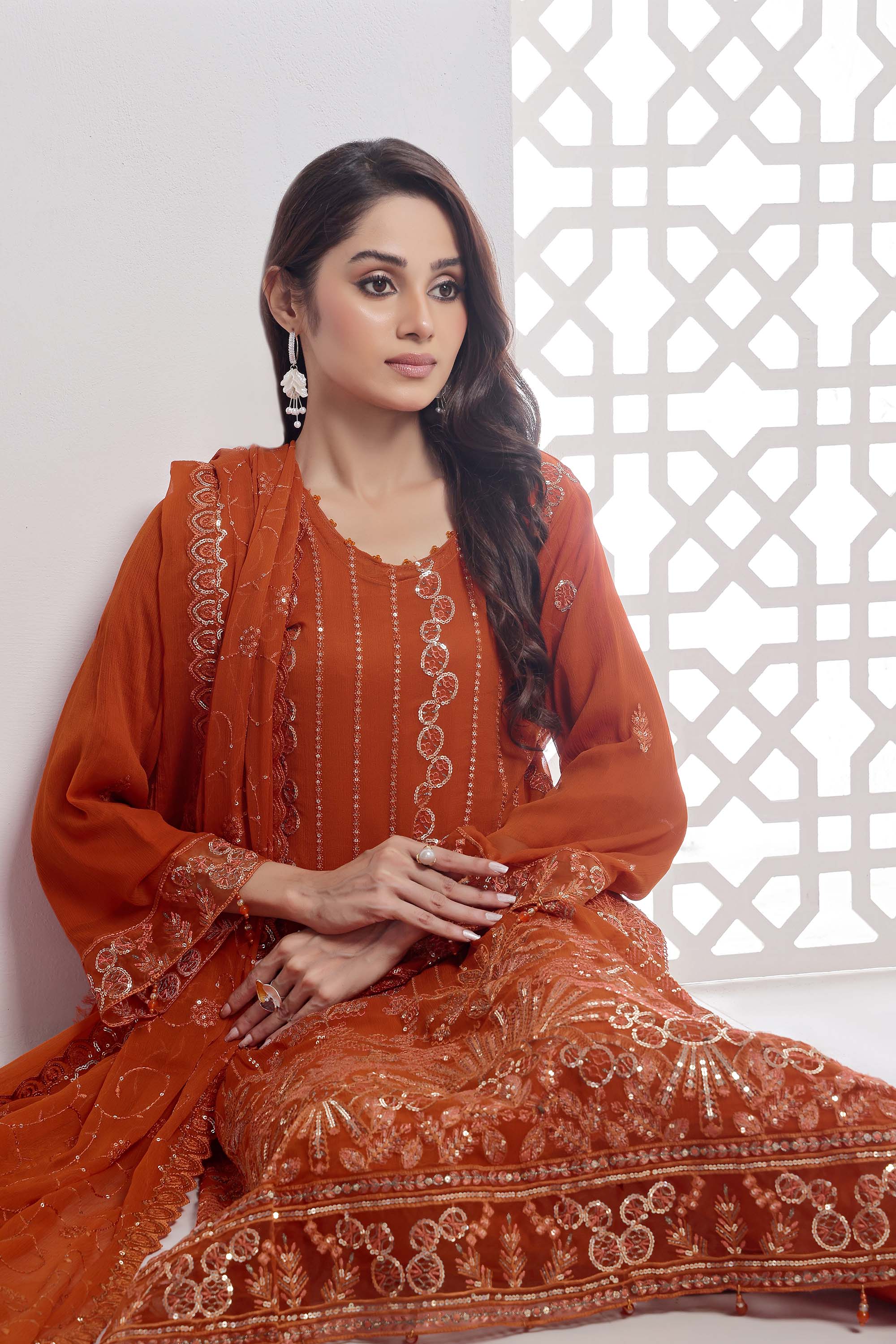 Jolie – Shimmering Embroidered Chiffon in Saffron Rust