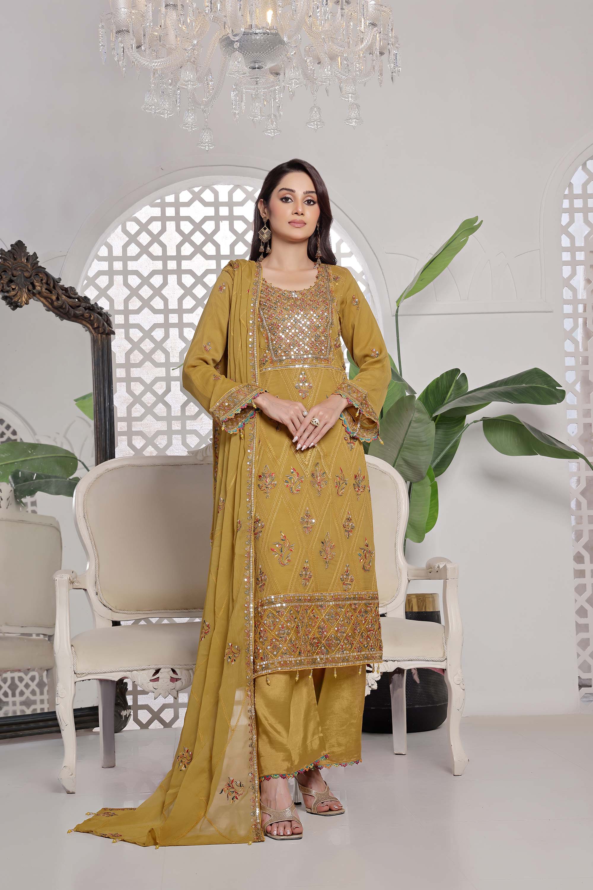 LA ROSE - Harvest Gold Mustard Mirror-Work Style Embroidered Suit