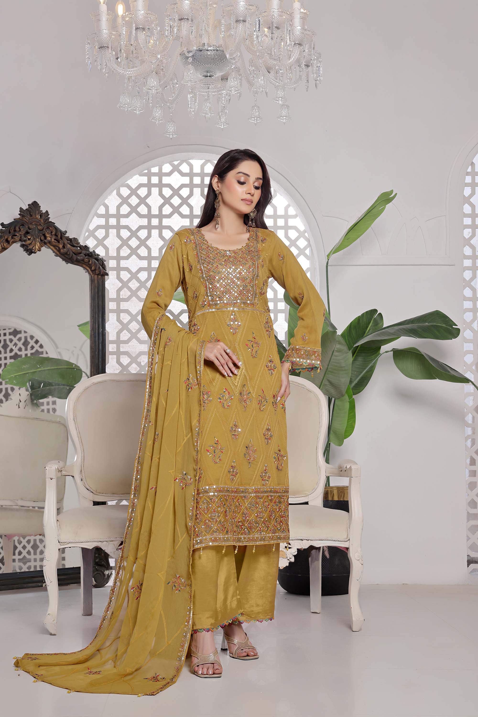 LA ROSE - Harvest Gold Mustard Mirror-Work Style Embroidered Suit