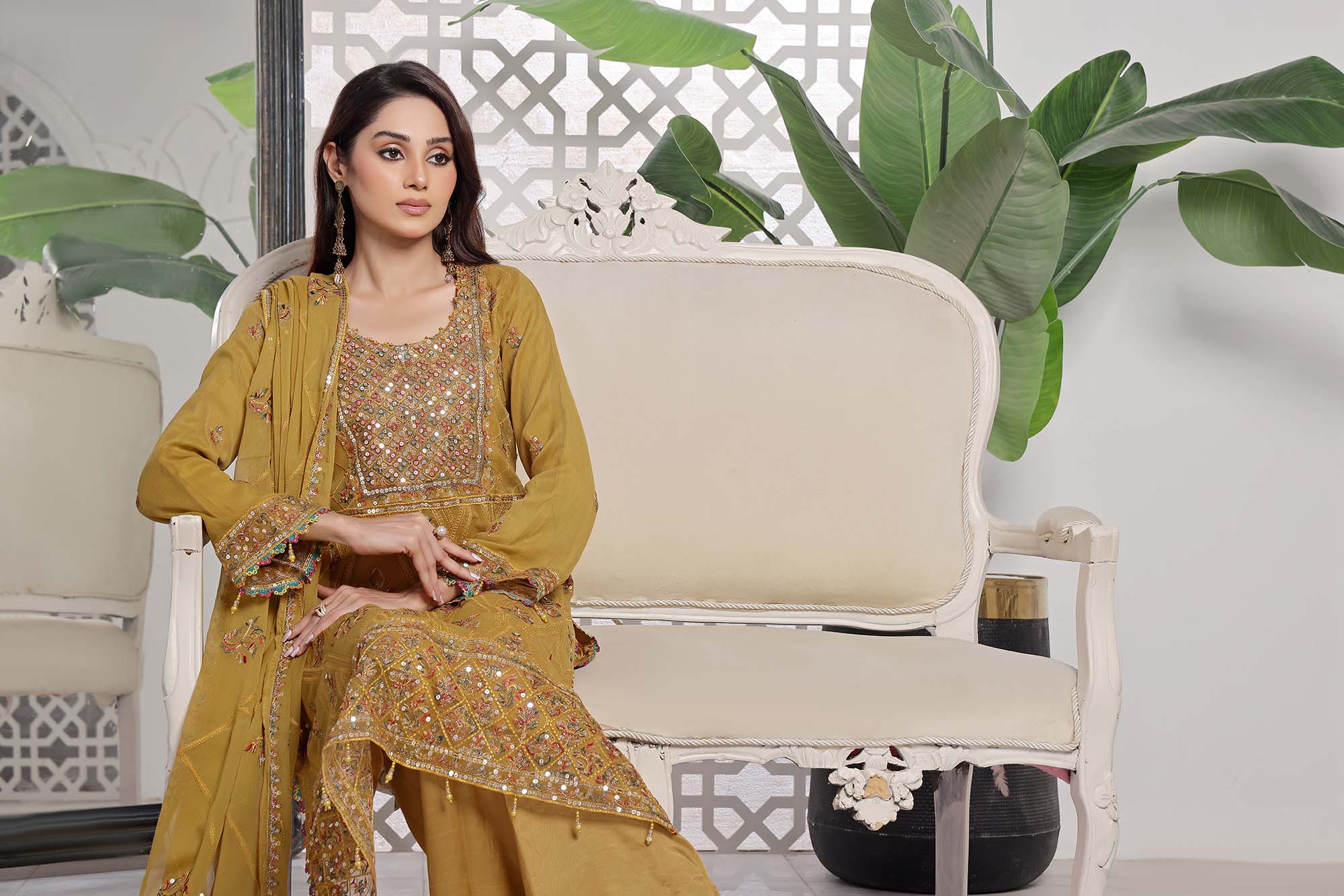 LA ROSE - Harvest Gold Mustard Mirror-Work Style Embroidered Suit
