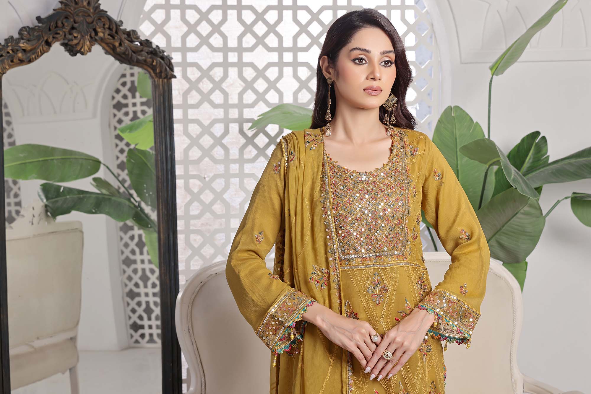 LA ROSE - Harvest Gold Mustard Mirror-Work Style Embroidered Suit