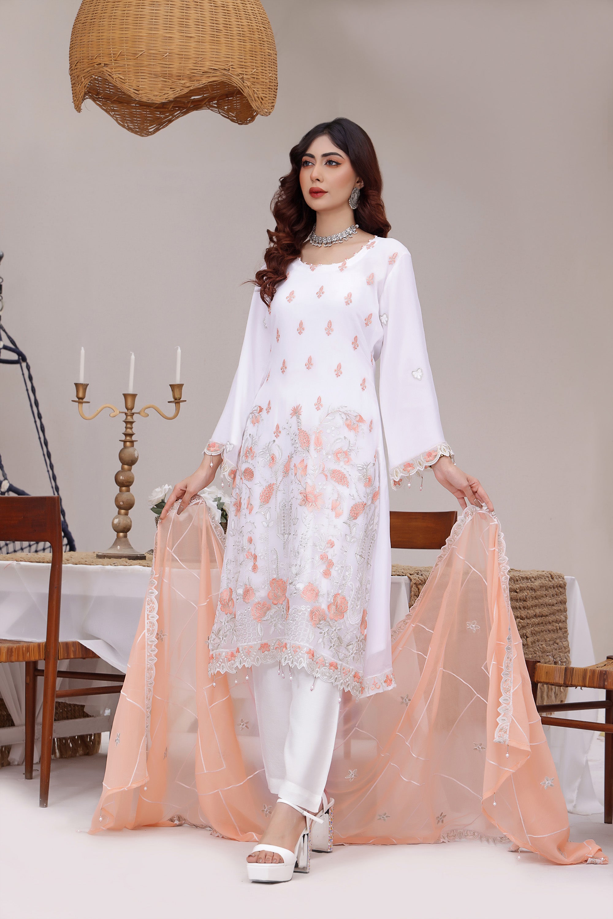 SQ BK - 03 Snowy White 3 PIECE - EMBROIDERED Semi-stitched Chiffon Suit