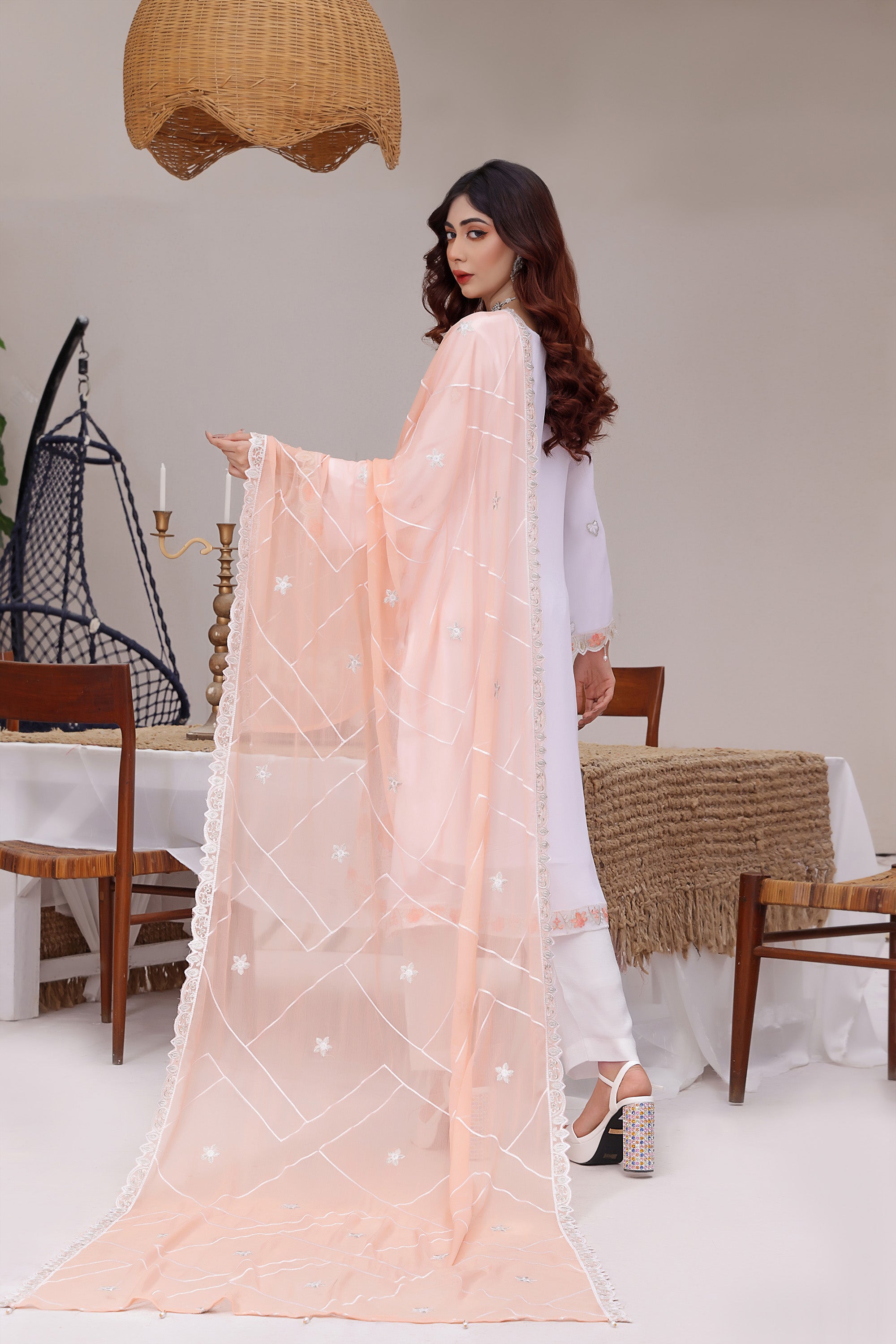 SQ BK - 03 Snowy White 3 PIECE - EMBROIDERED Semi-stitched Chiffon Suit