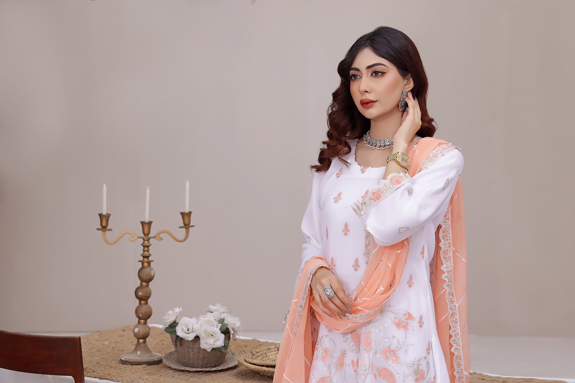 SQ BK - 03 Snowy White 3 PIECE - EMBROIDERED Semi-stitched Chiffon Suit